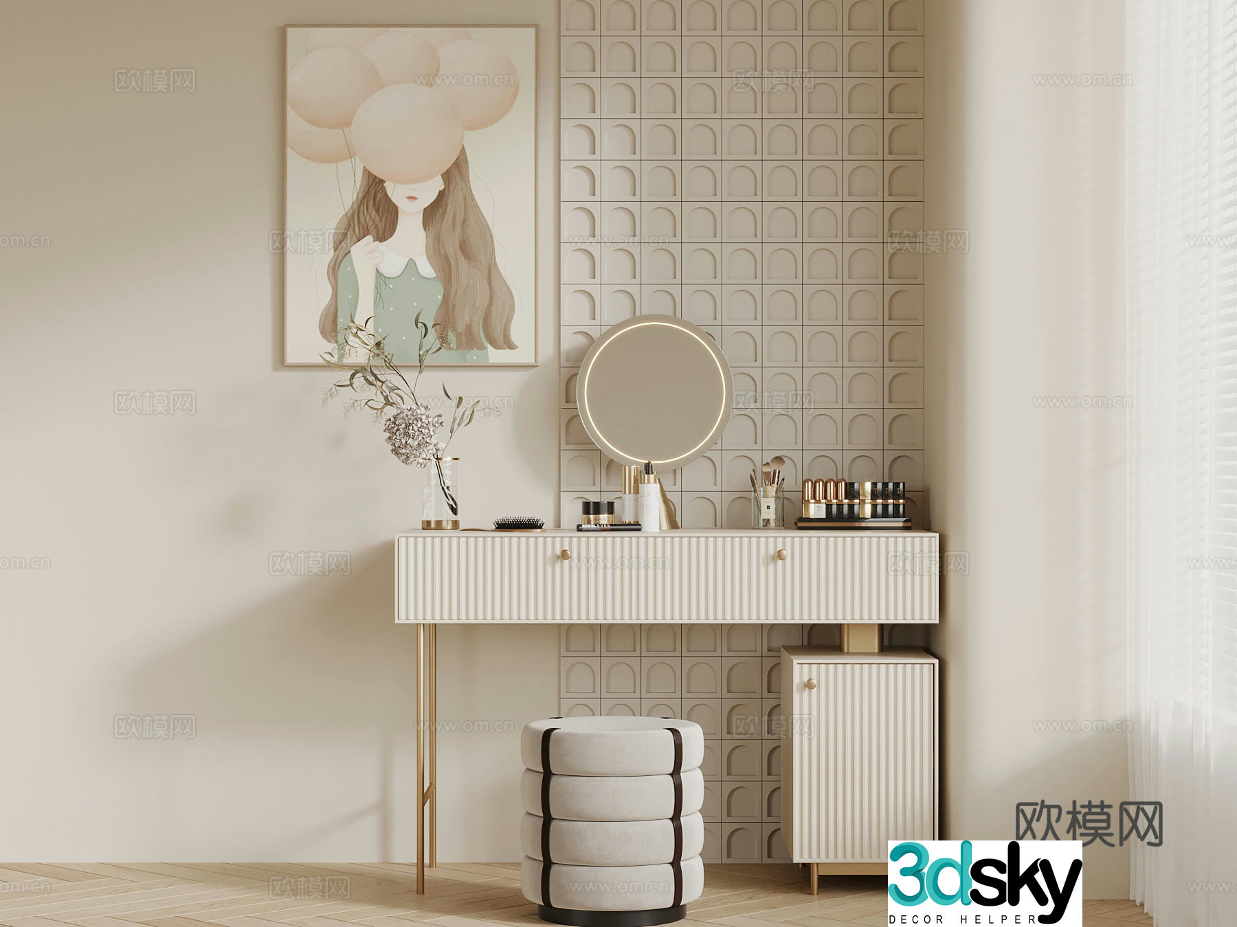 French cream style styling dressing table 3d model