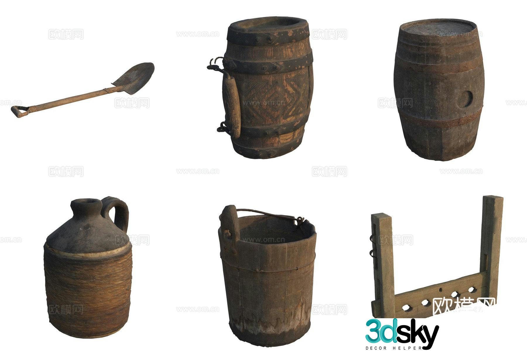 Ancient wooden barrel bucket shovel kettle wine pot 3d model