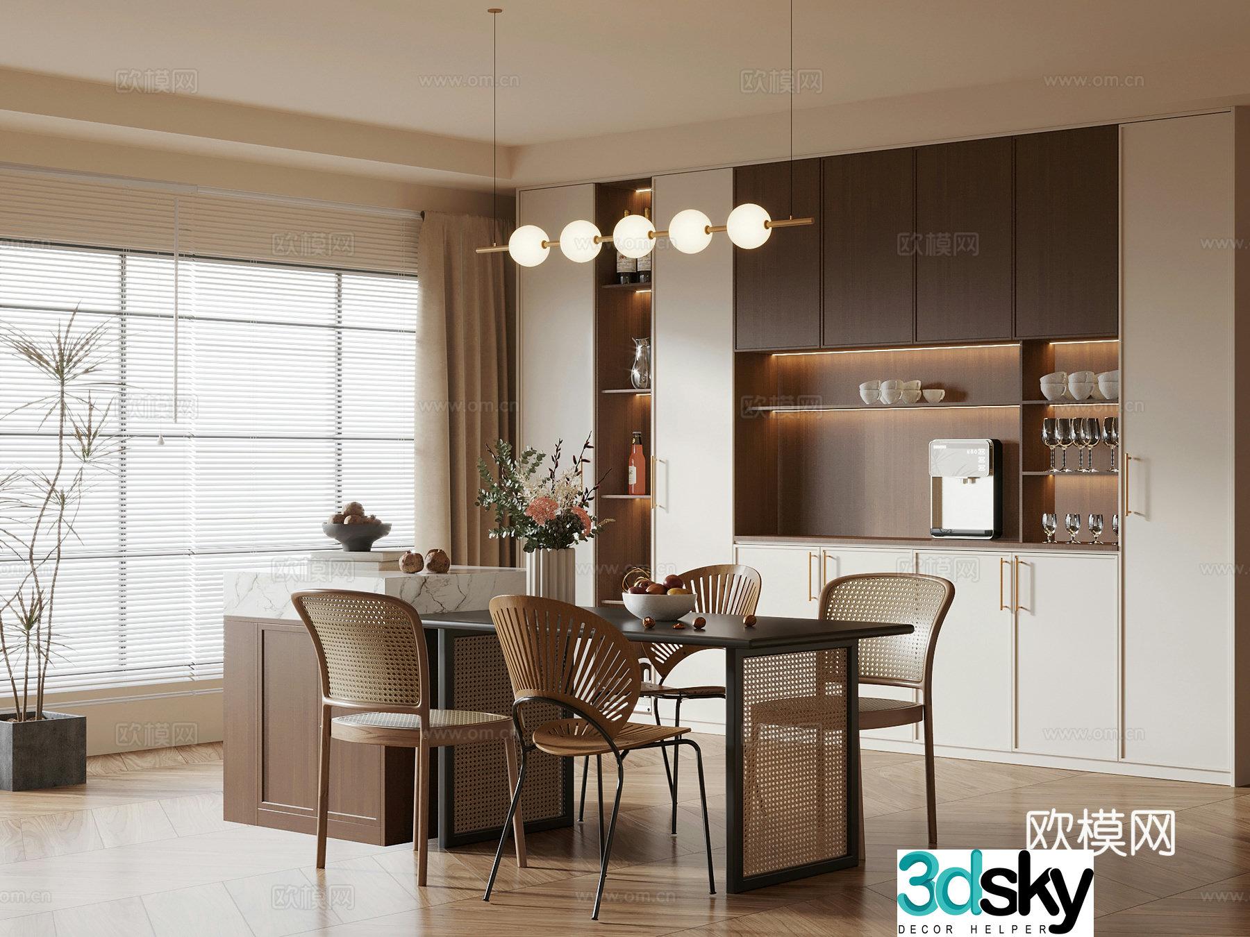 Middle-aged restaurant wine cabinet sideboard dining table chair island 3D model