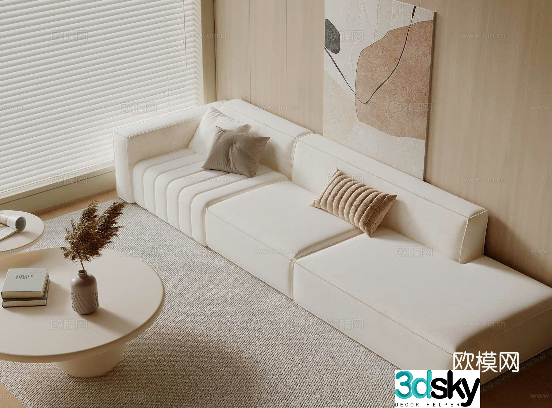 Modern cream style multi-person sofa pillow 3D model
