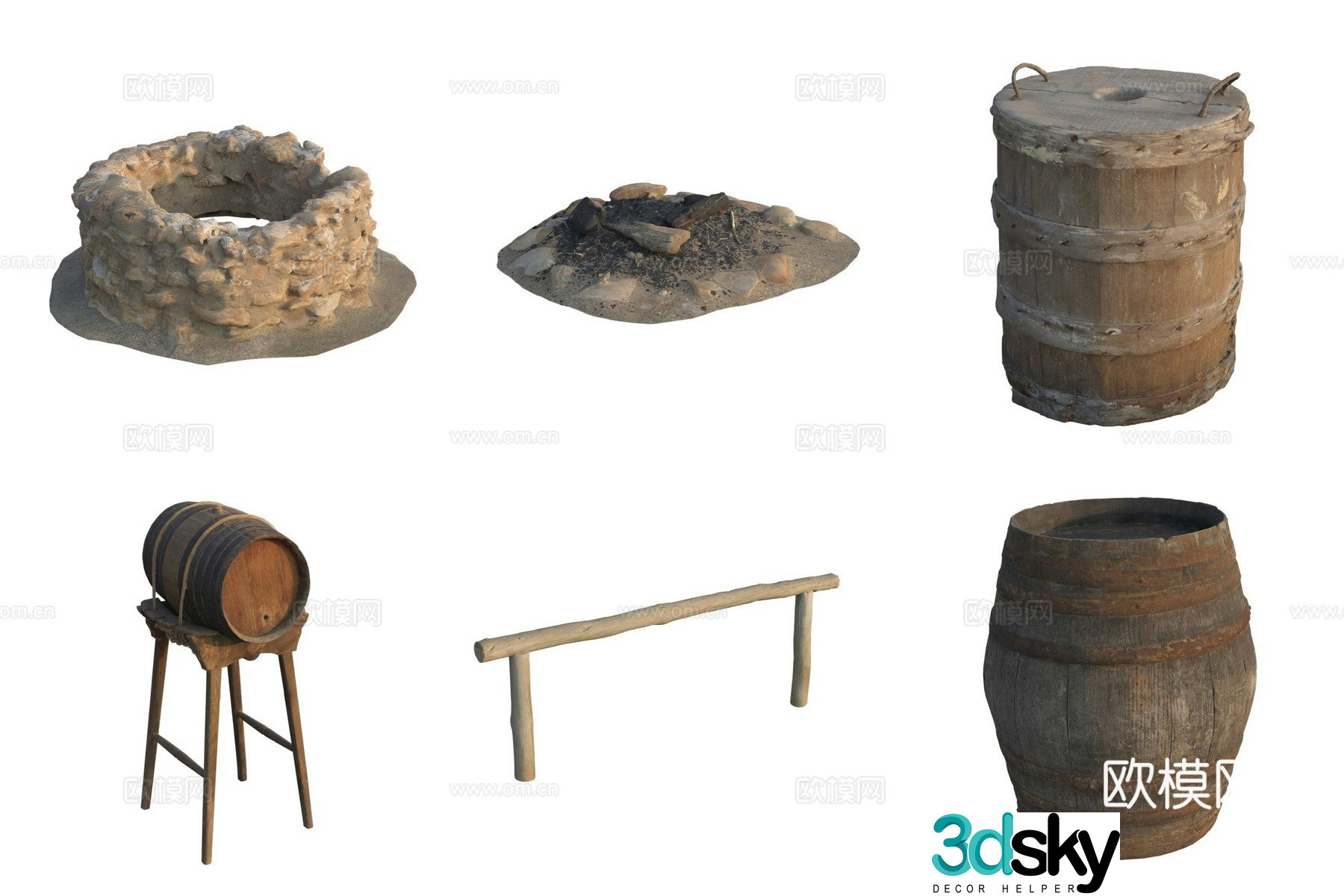 Farm utensils wooden barrels wine barrels wooden fence fire ancient water well device 3D model