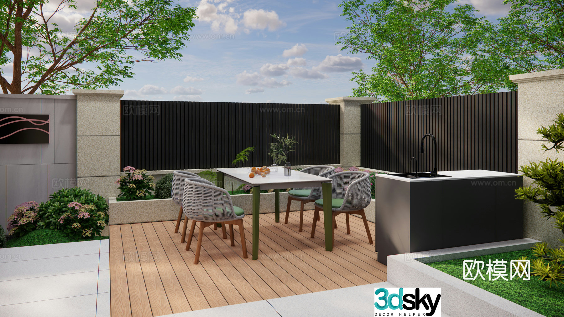 Modern courtyard garden outdoor wooden platform dining table and chair tree pond flower pond operation table one table and four chairs 3D model