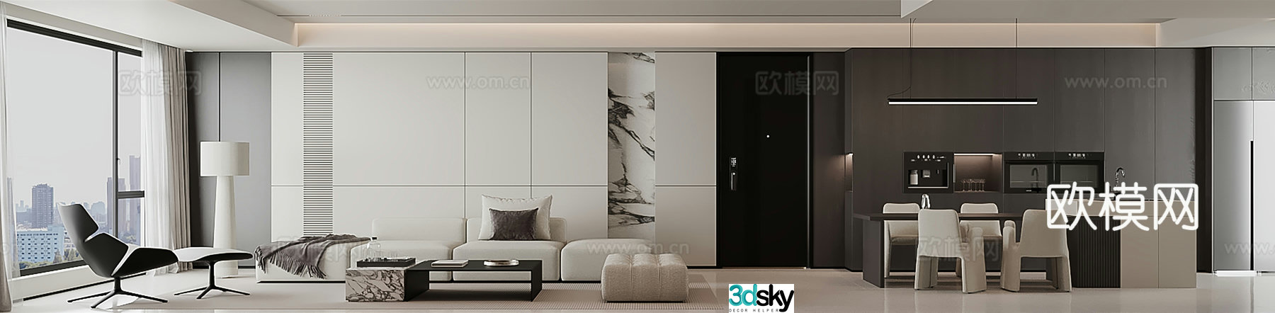 Modern minimalist living and dining room 3D model