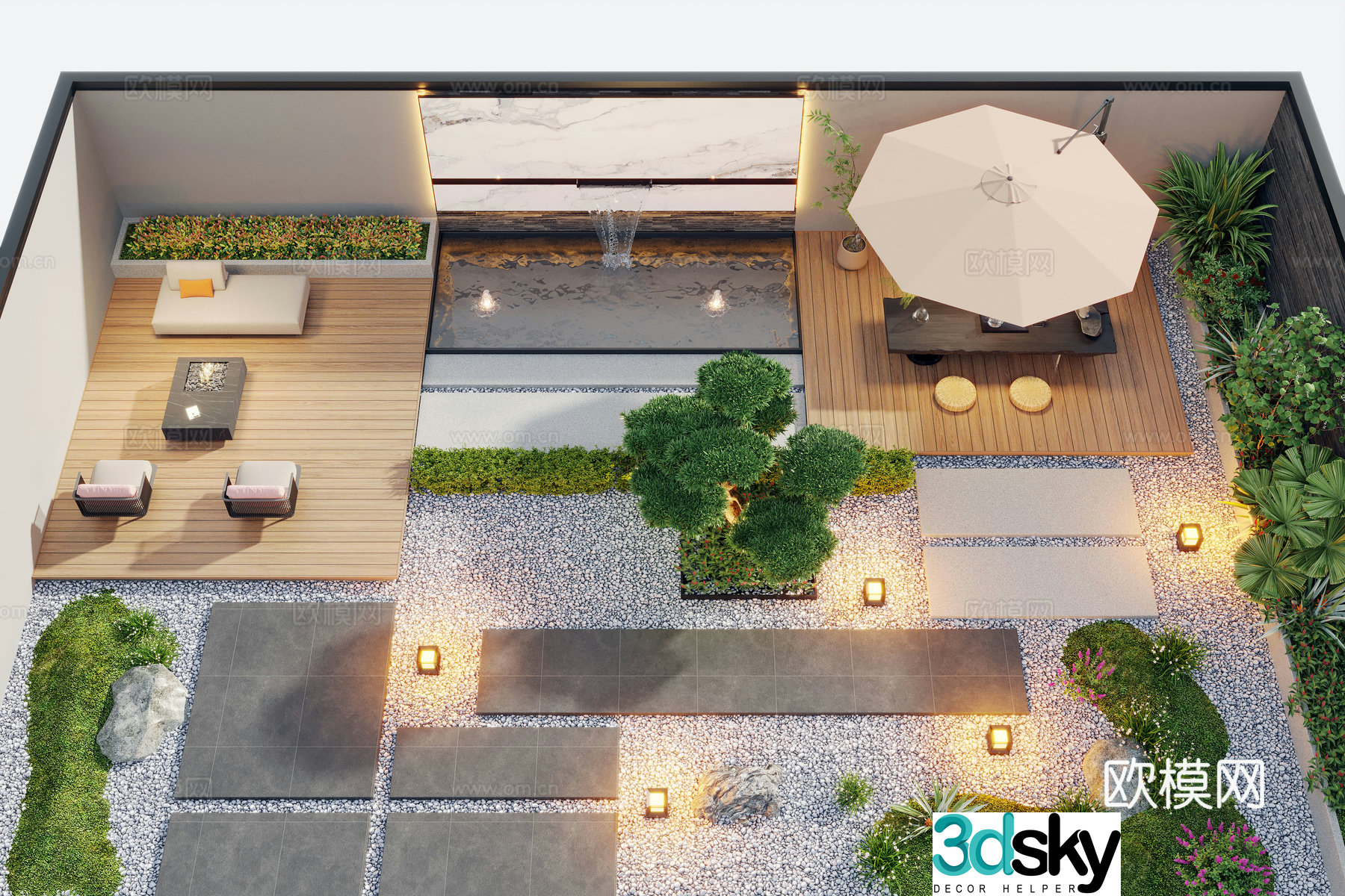Modern courtyard landscape garden water view home yard 3d model