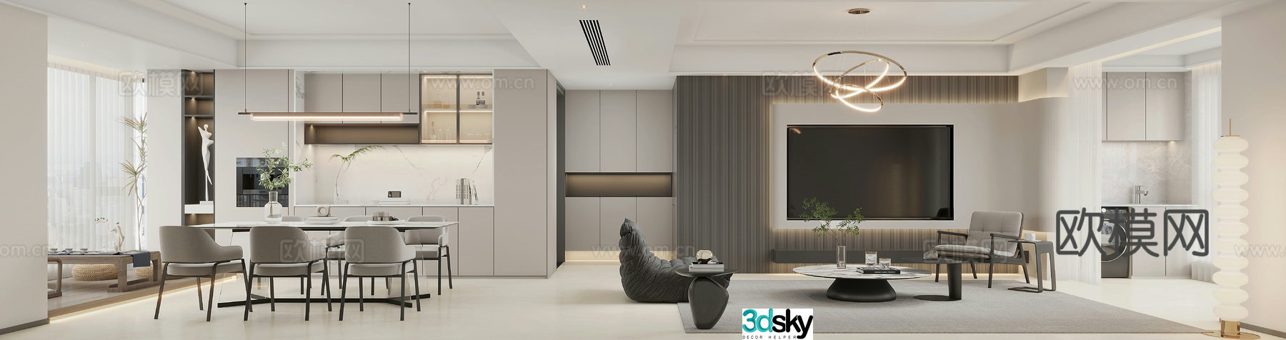 Modern living and dining room 3d model