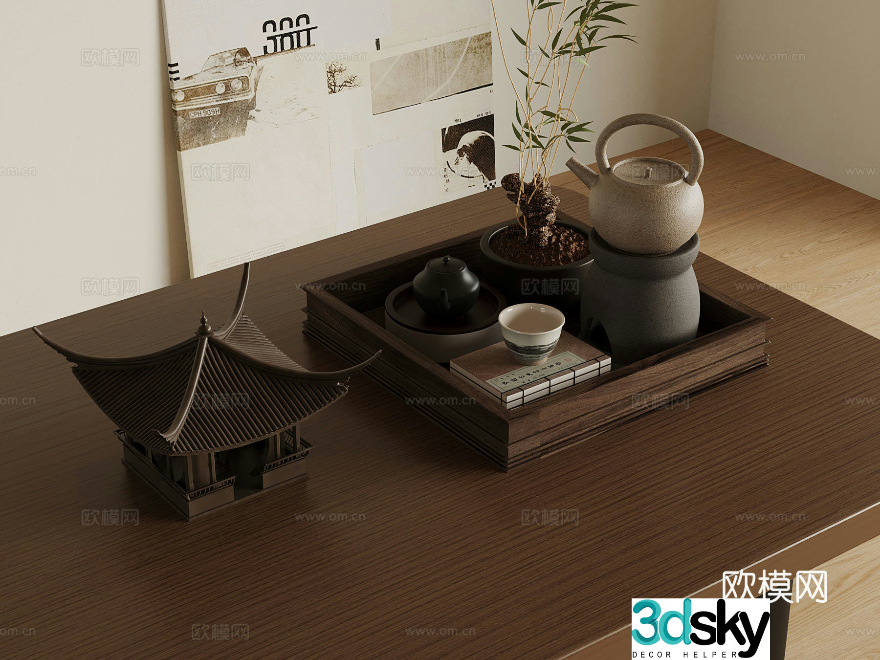 New Chinese style tea set teapot ancient building ornaments 3D model