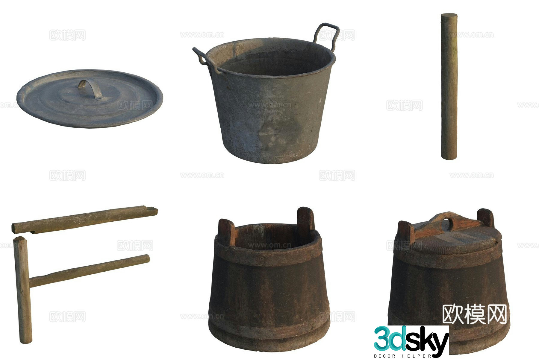 Ancient wooden stick iron barrel wooden barrel guardrail fence 3d model