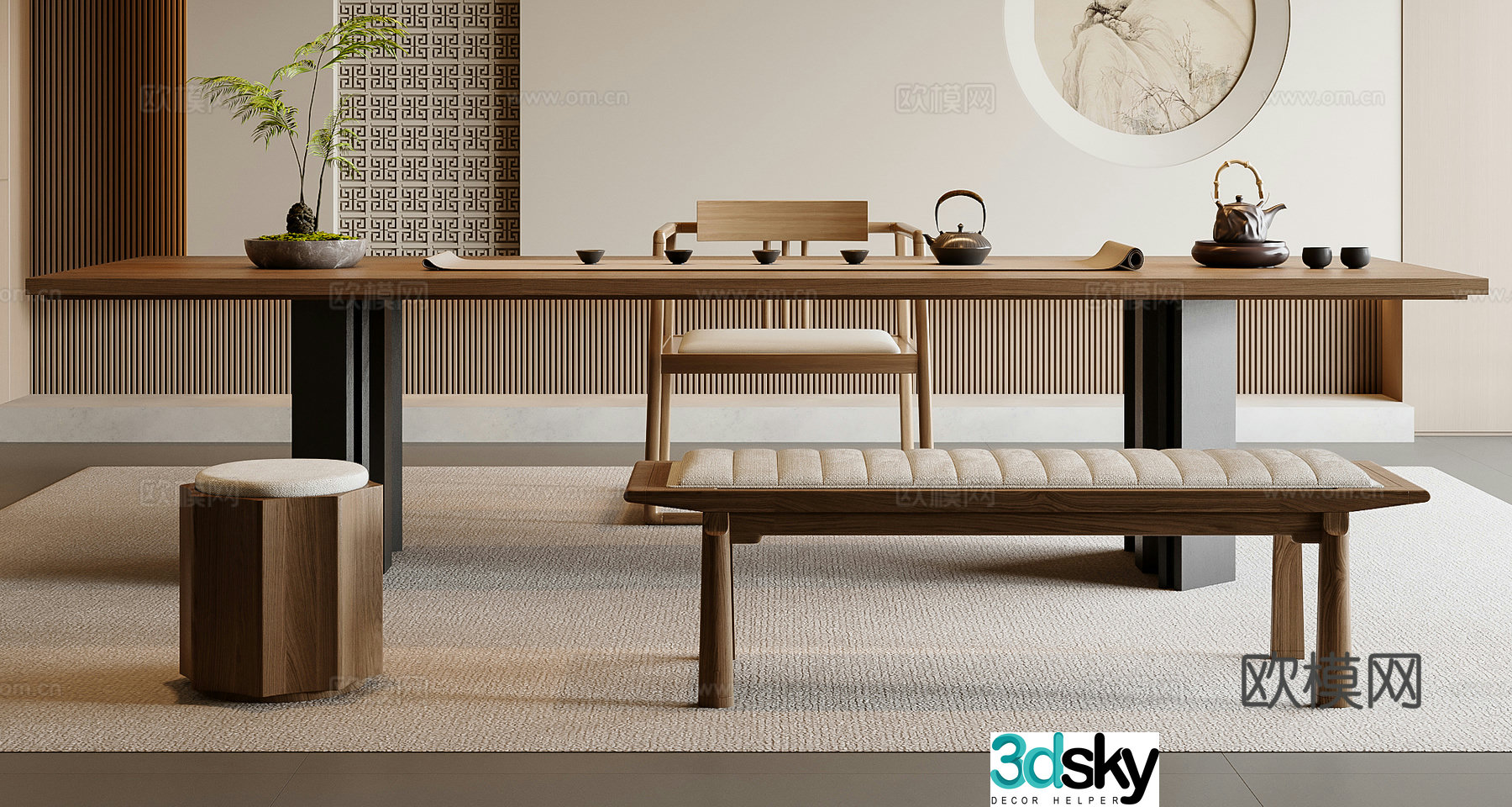 New Chinese-style tea table and chair combination 3D model