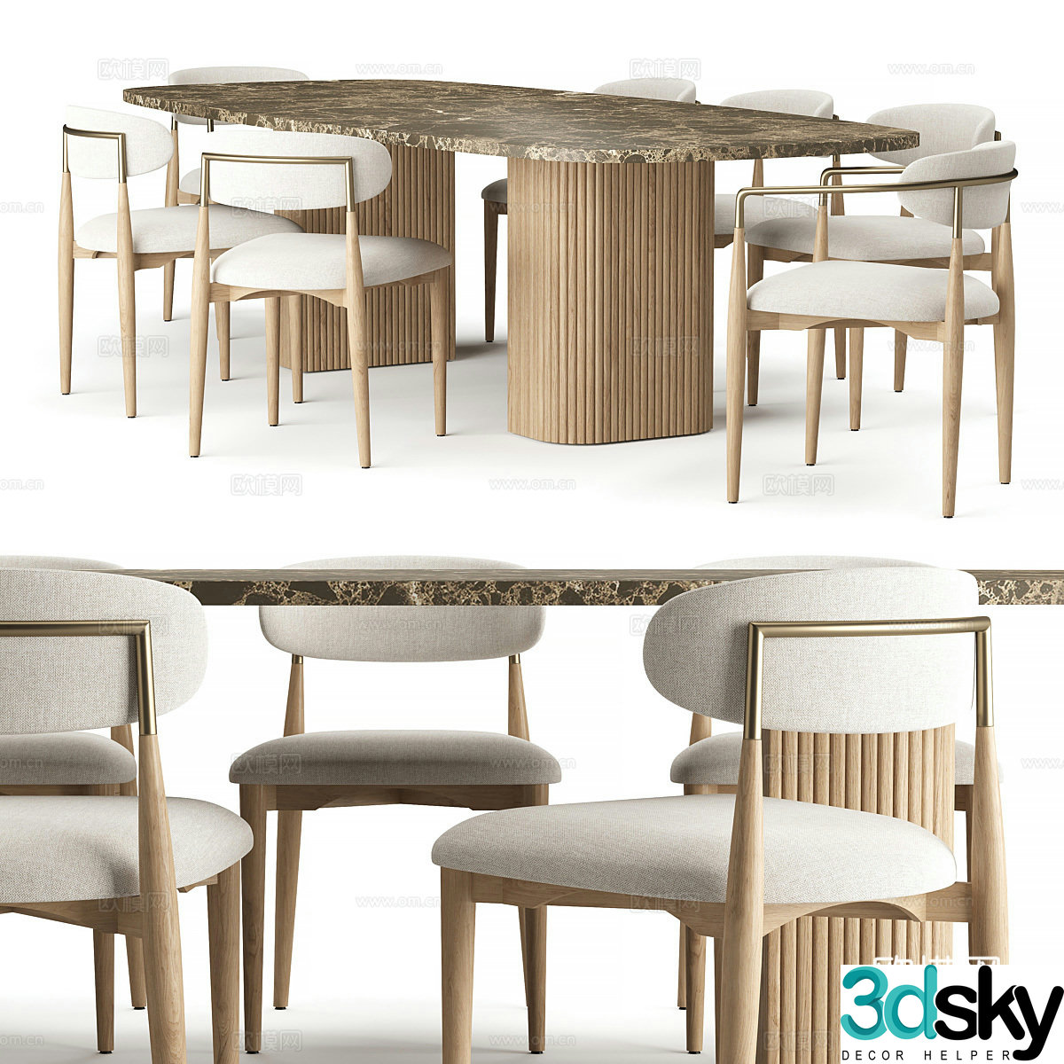 RH Mulholland Stone rectangular dining table chair 3d model