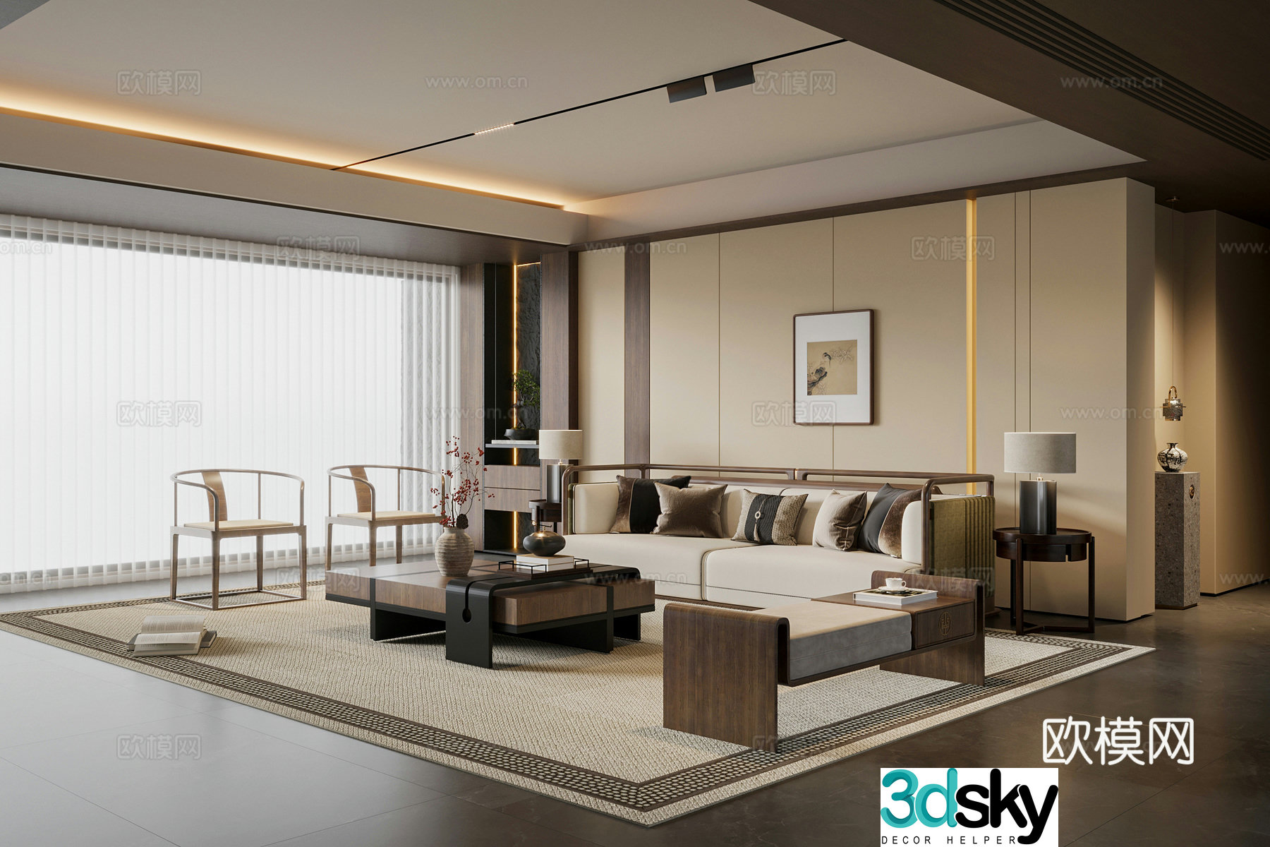 New Chinese style living room sofa coffee table combination leisure chair sofa stool three-person sofa 3D model