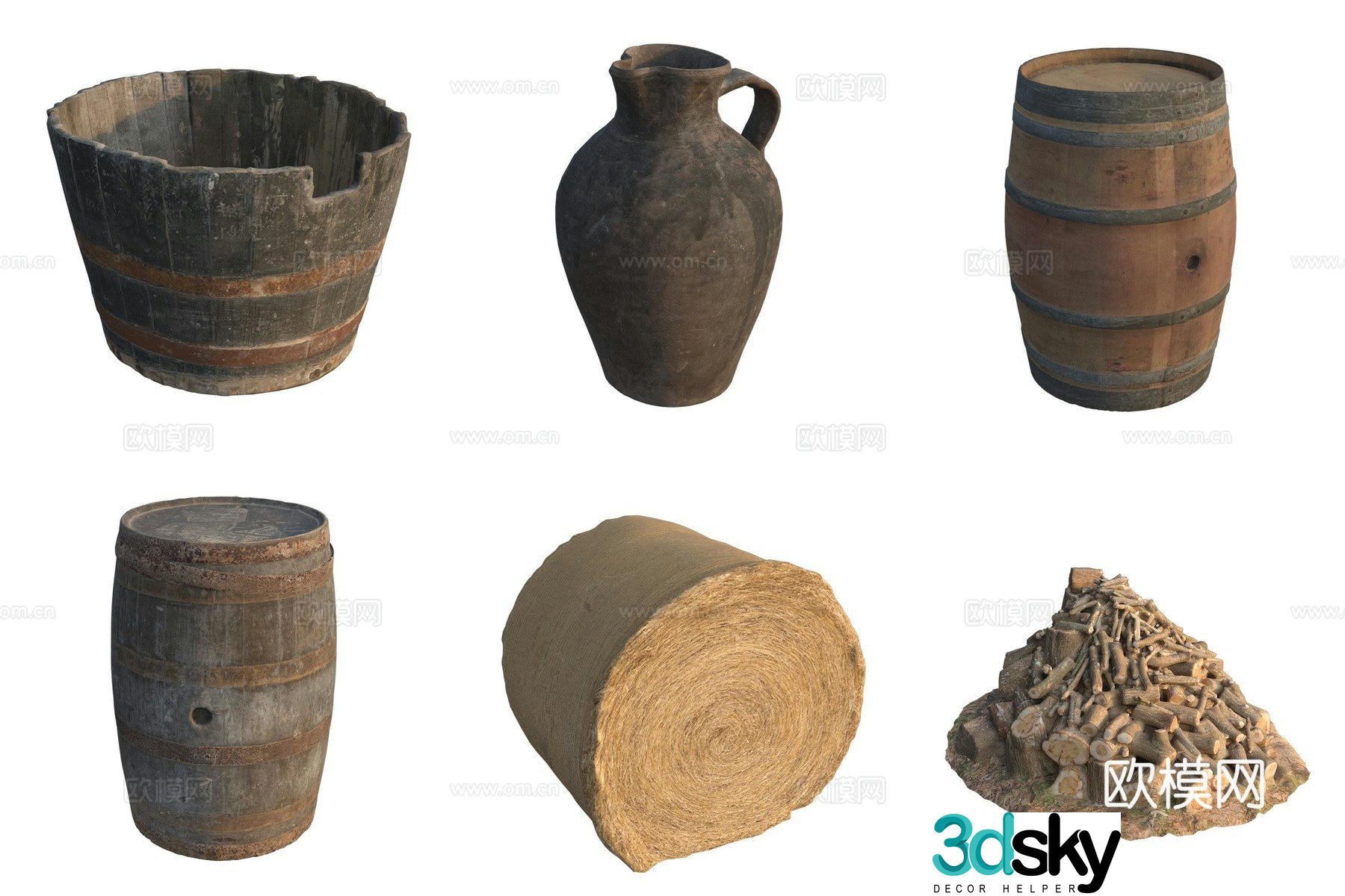 Ancient wooden barrel wooden basin kettle wine pot haystack firewood pile 3d model