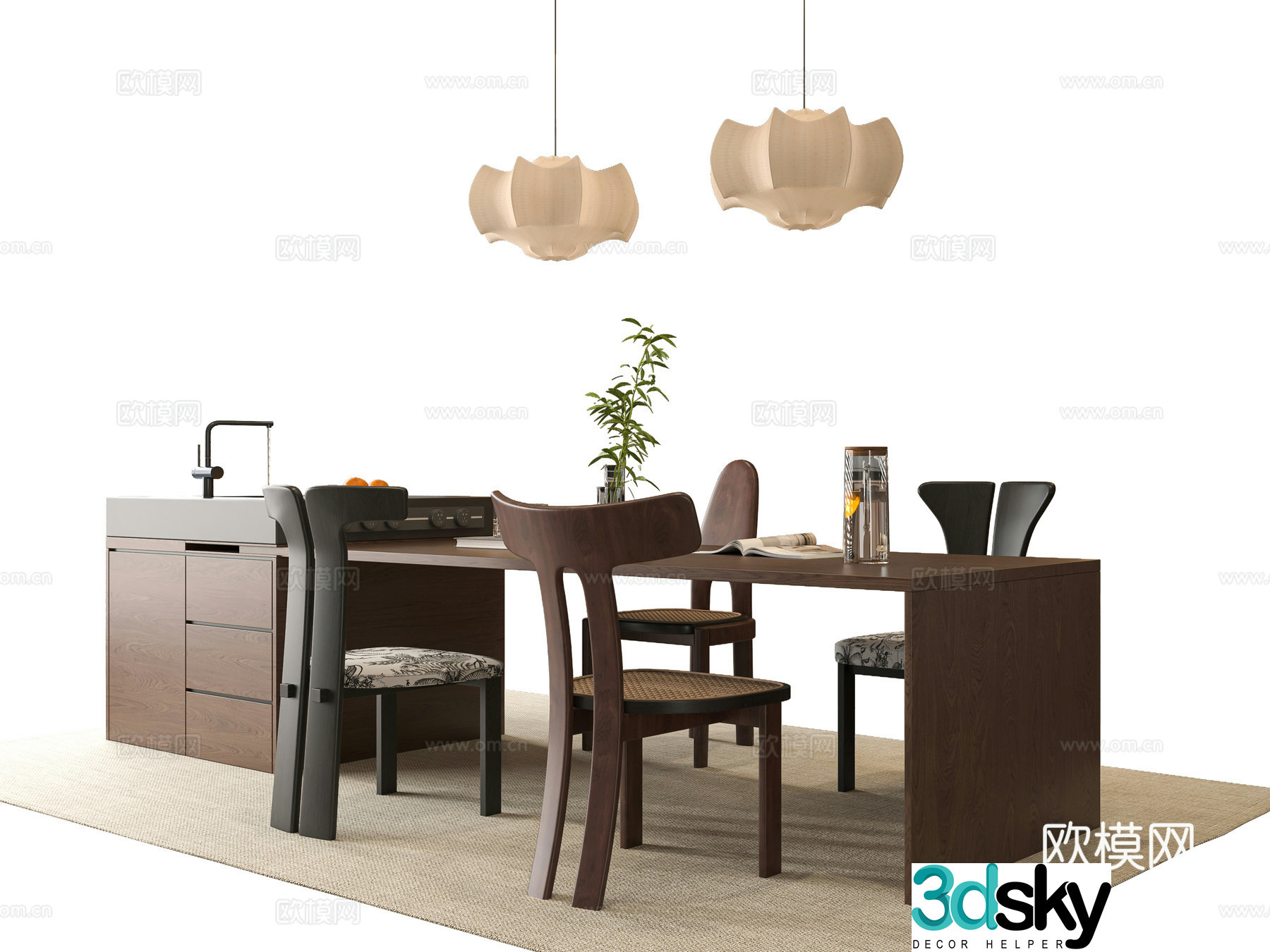 Medium style dining table and chair 3D model