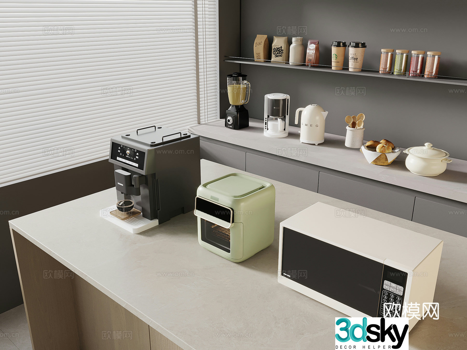 Modern appliances coffee machine rice cooker microwave oven kettle 3d model