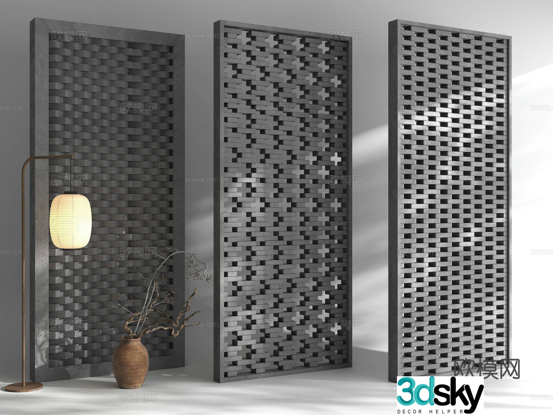 New Chinese style brick and tile partition partition Grid partition leisure chair hollow brick cement brick 3D model