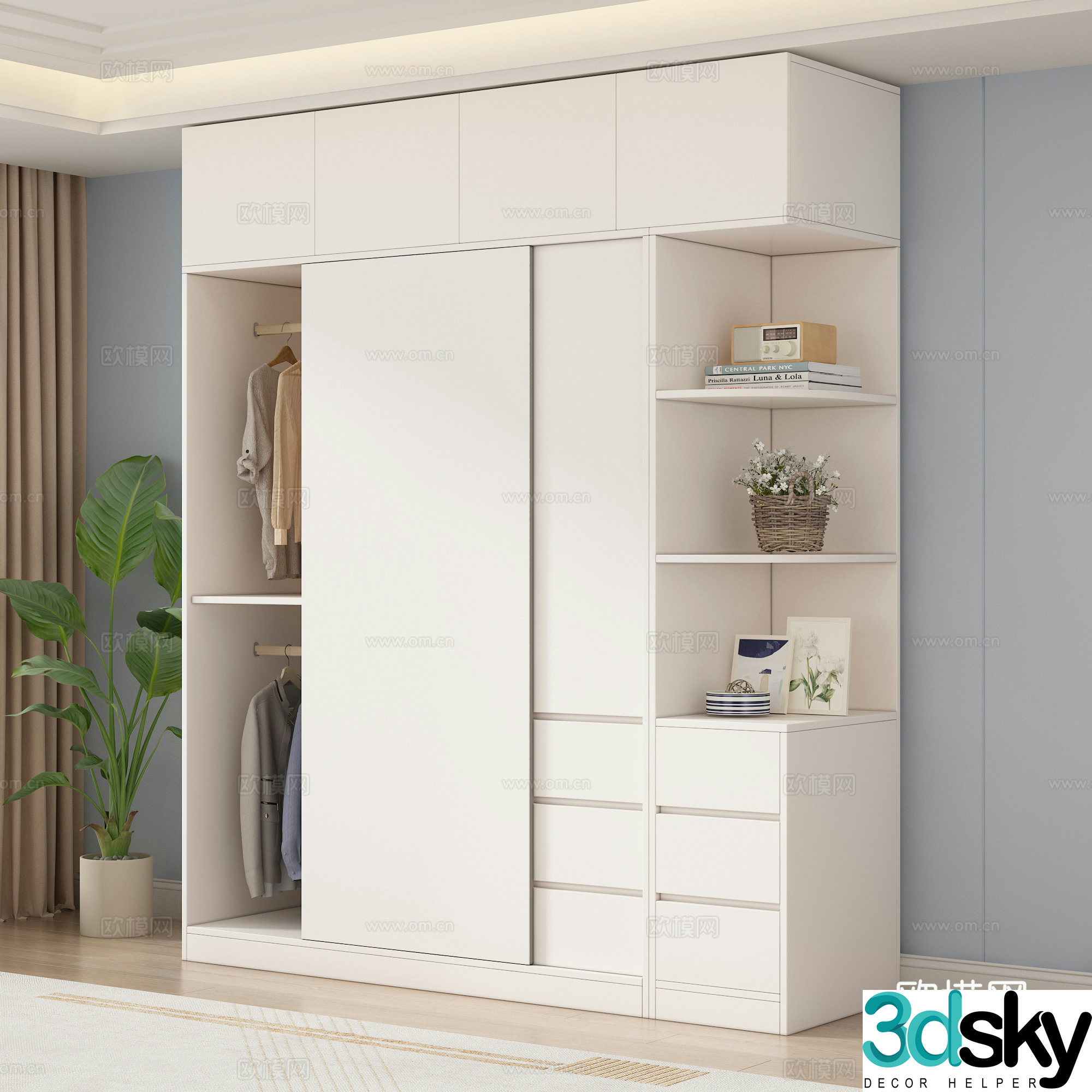 Modern sliding door wardrobe Clothes ornaments combination Green plants Carpet 3D model