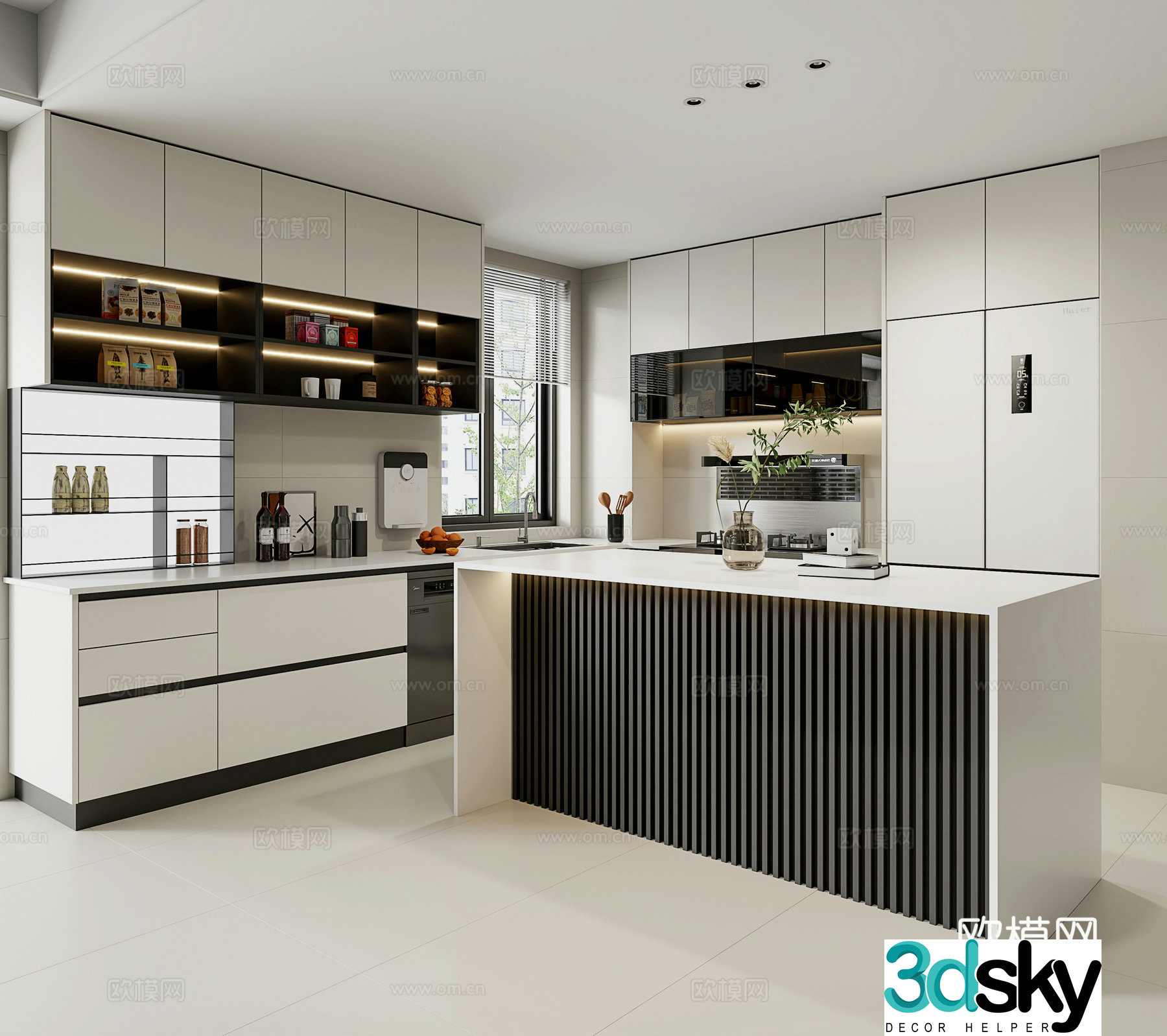 Modern minimalist open kitchen kitchen island bar corner cabinet cabinet refrigerator cabinet integrated 3D model