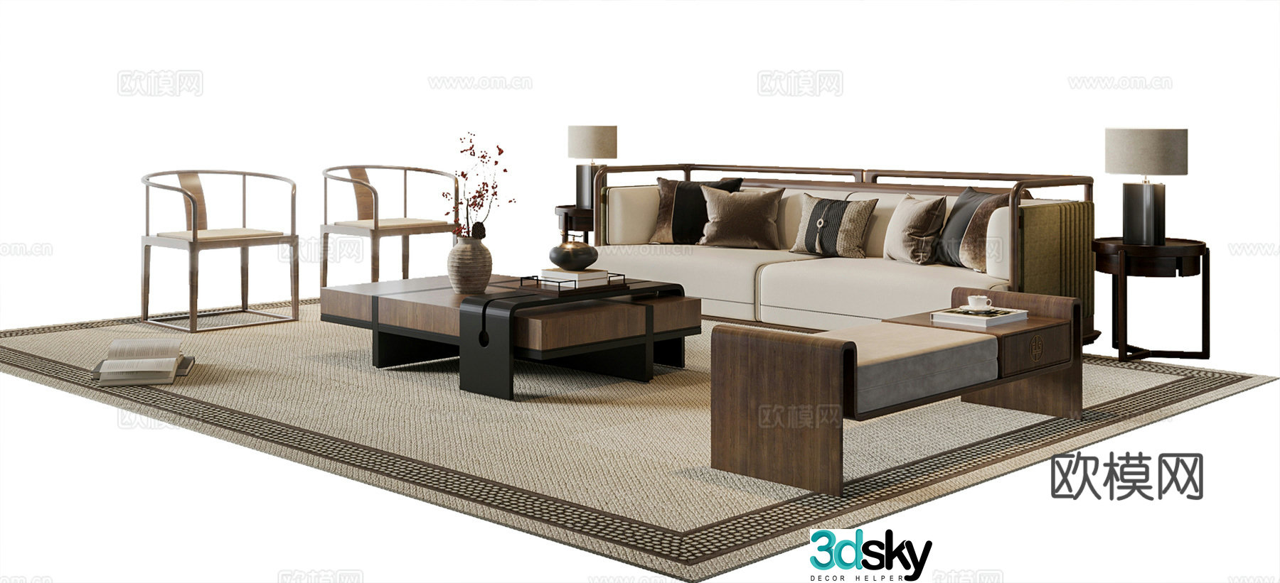 Now the new Chinese sofa coffee table combination leisure chair three-person sofa sofa stool floor lamp 3D model
