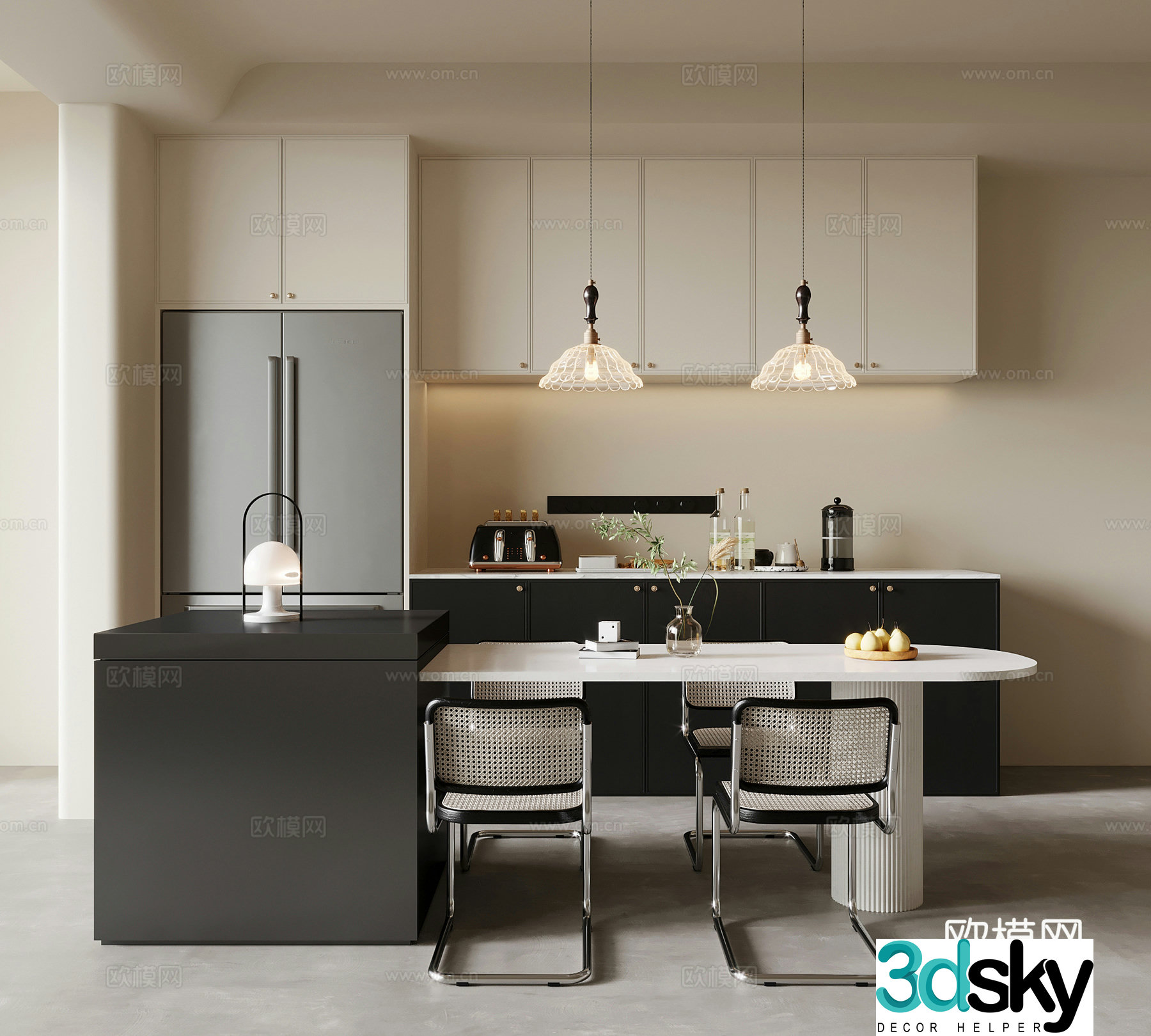 Retro style restaurant dining table and chair wine cabinet chandeliers 3d model