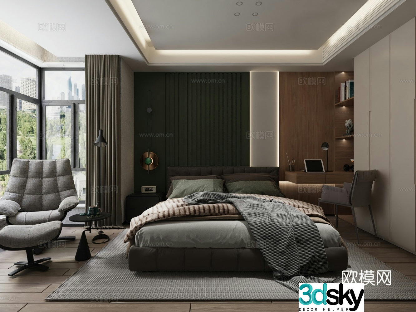 Modern bedroom double bed desk wardrobe leisure chair 3d model