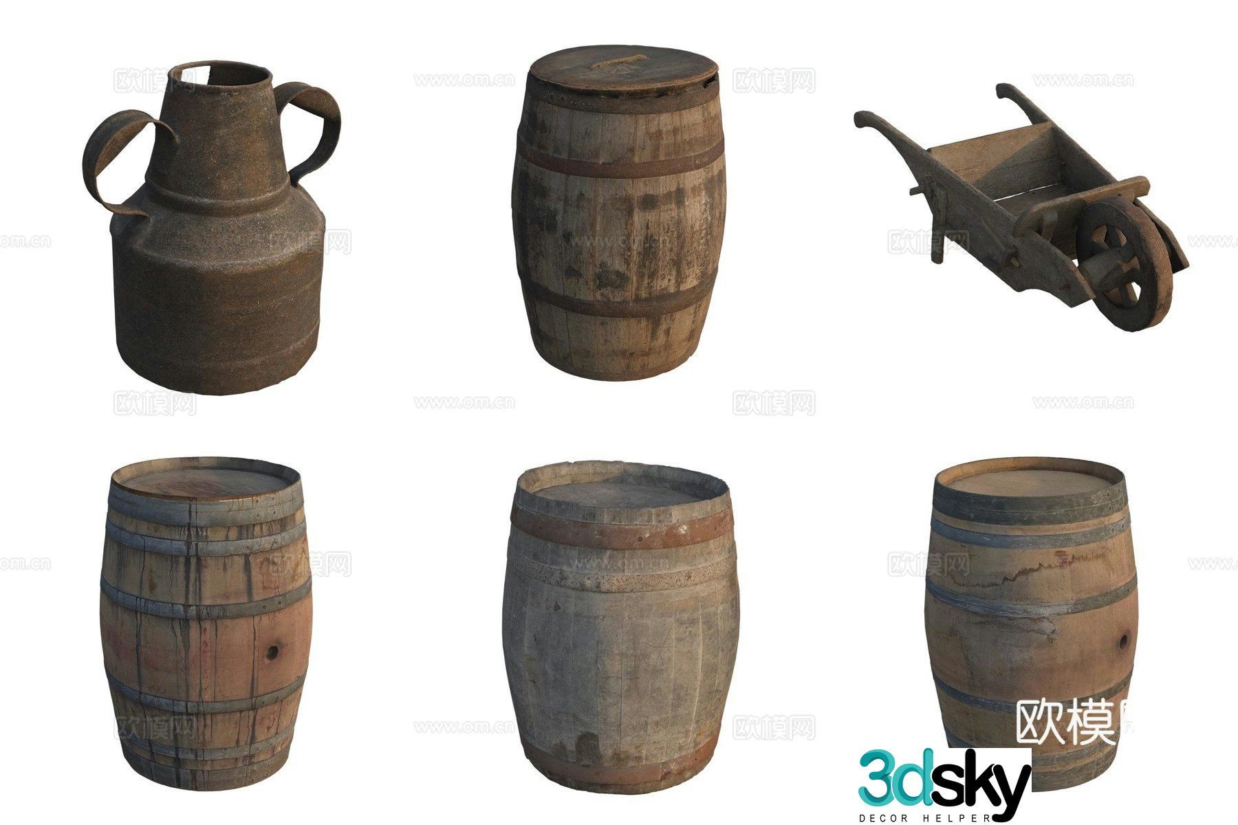 Ancient wooden barrel bucket kettle wine pot wheelbarrow trolley 3d model