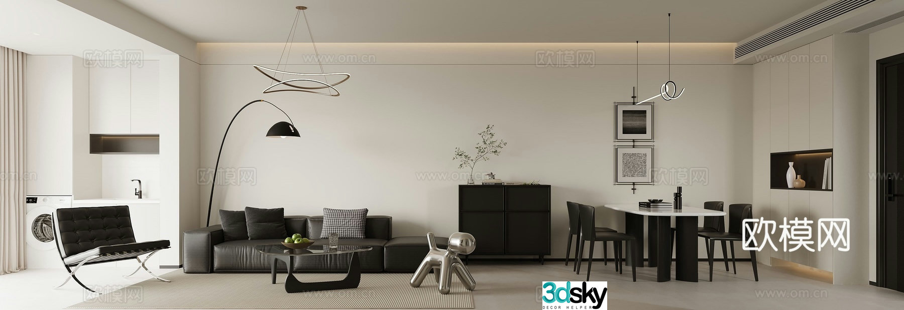 Modern living and dining room 3d model
