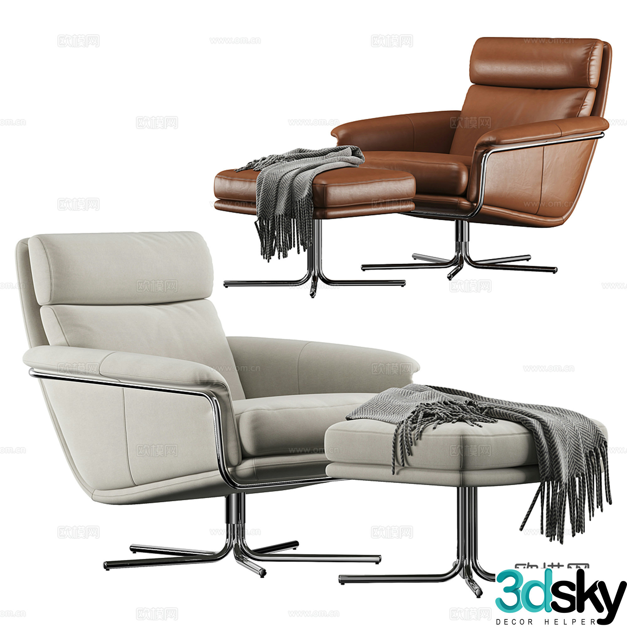 Modern leather leisure chair recliner + foot stool 3D model