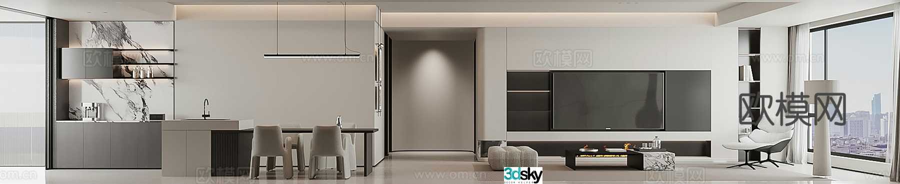 Modern minimalist living and dining room 3D model