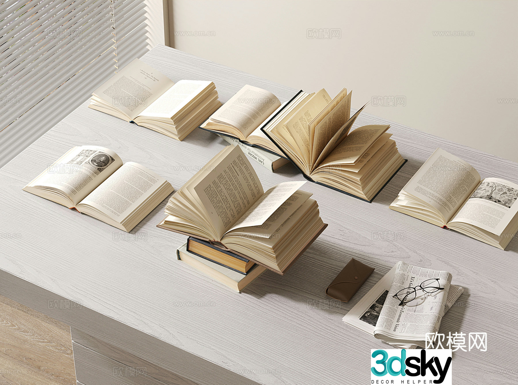 Modern book combination Open books Newspaper Foreign books 3d model