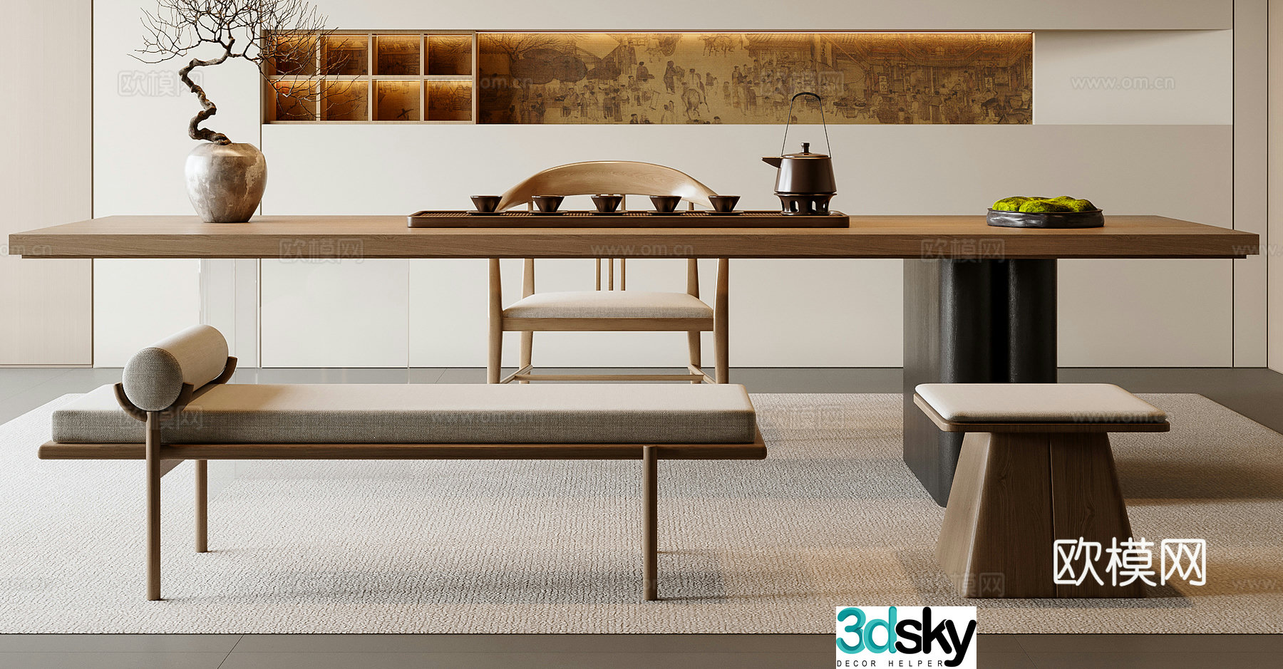 New Chinese-style tea table and chair combination 3D model