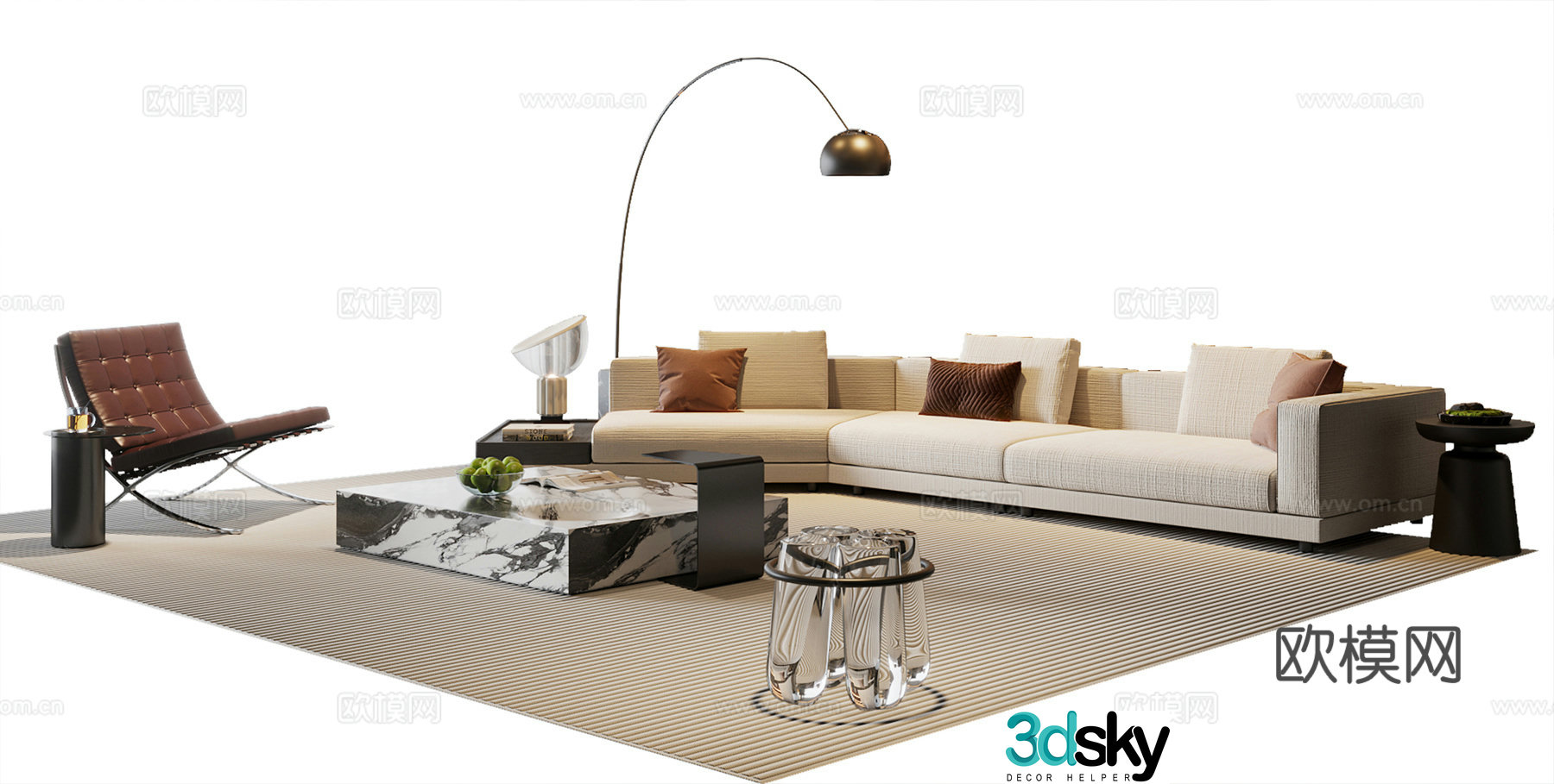 Nowadays simple sofa and coffee table combination leisure chair three-person sofa sofa stool floor lamp 3D model