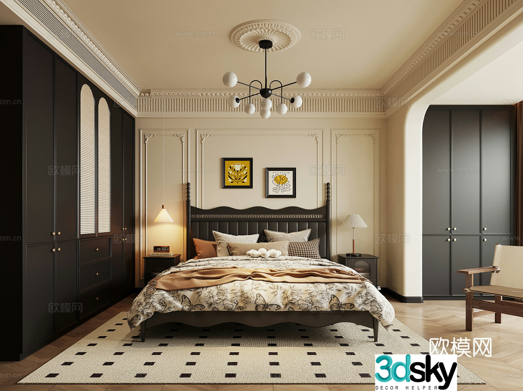 French retro style bedroom double bed nightstand wardrobe dressing table 3d model