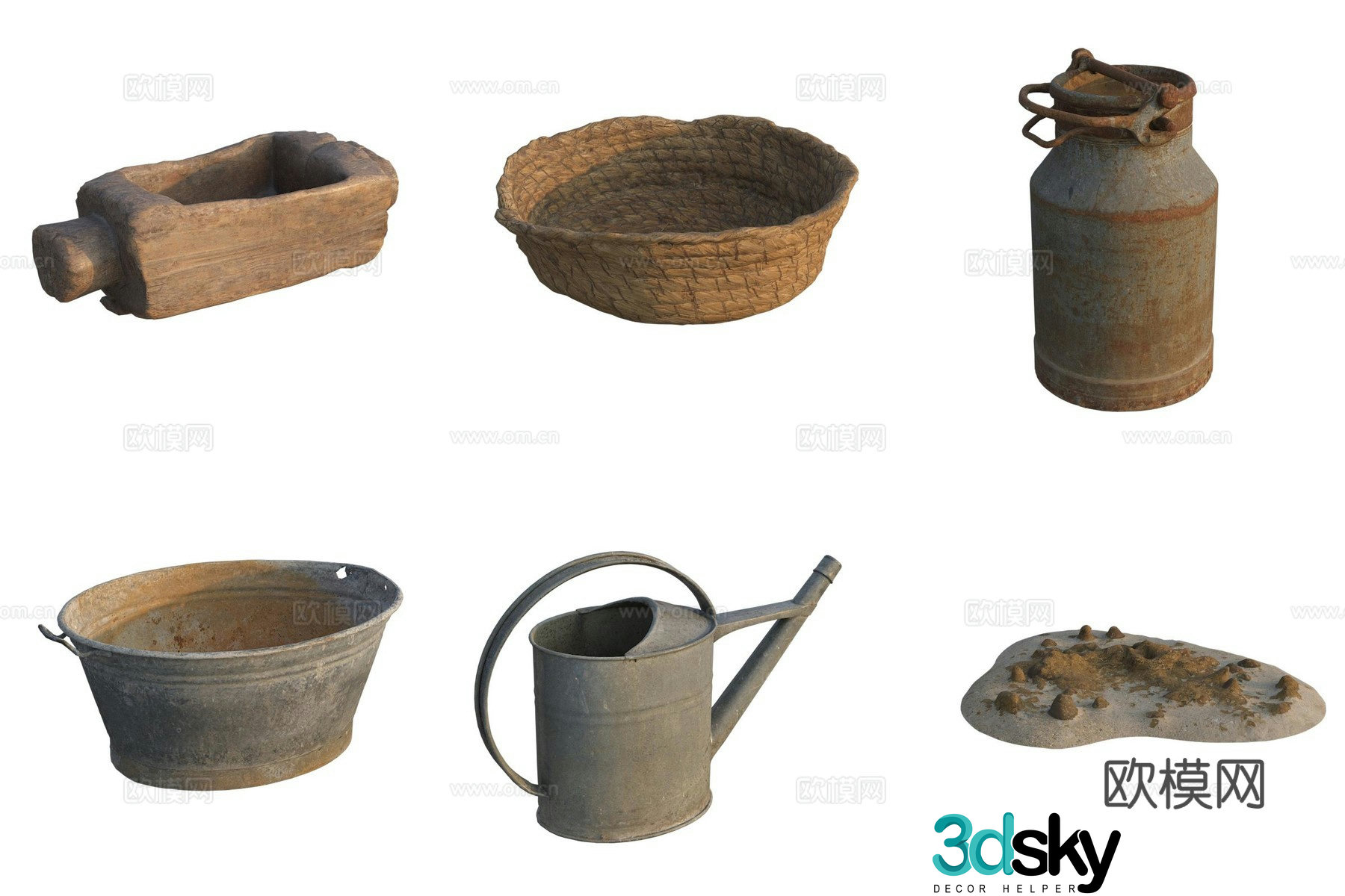 European farm utensils kettle tools straw woven products 3D model