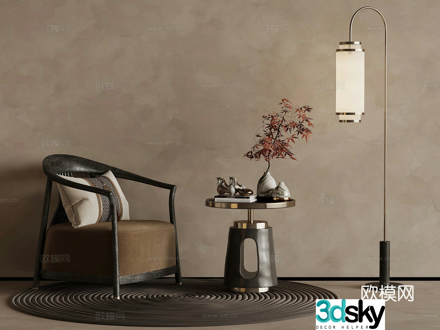 New Chinese style leisure chair side table floor lamp 3d model