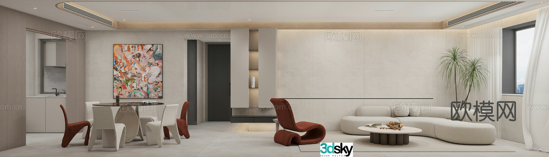 Modern living and dining room 3d model