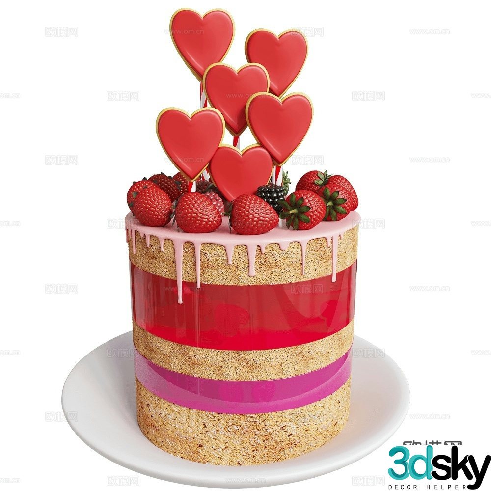 Valentine’s Day Cake Birthday Cake Strawberry Cake Strawberry Cake 3d Model