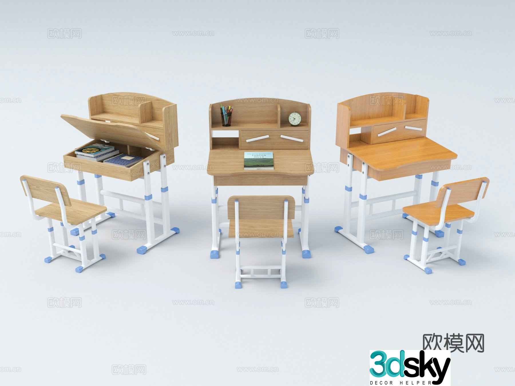 Primary school student desks and chairs lift desks and chairs desktop top open desks steel wooden desks and chairs love 3d model