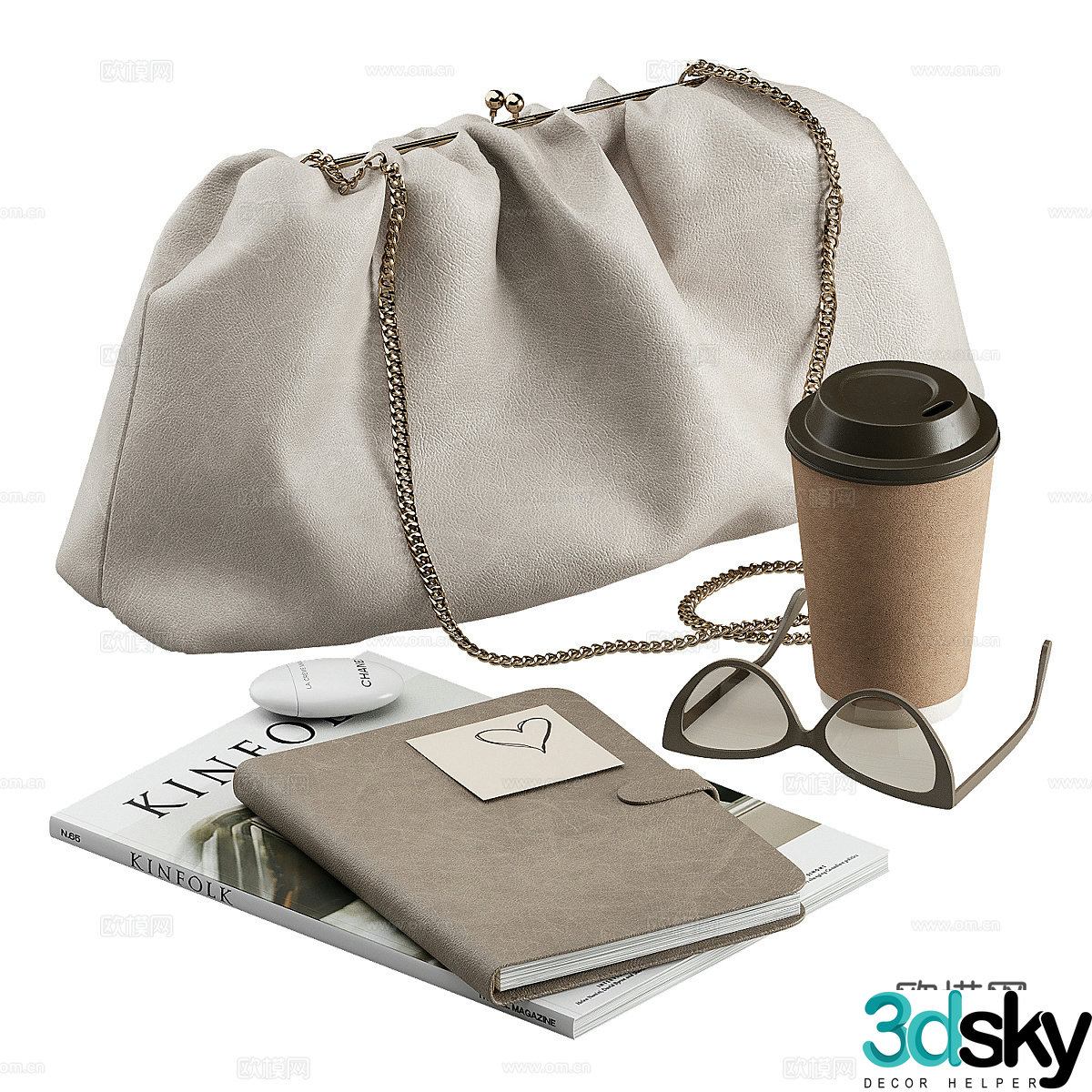 Handbag Books Glasses Coffee 3d Model