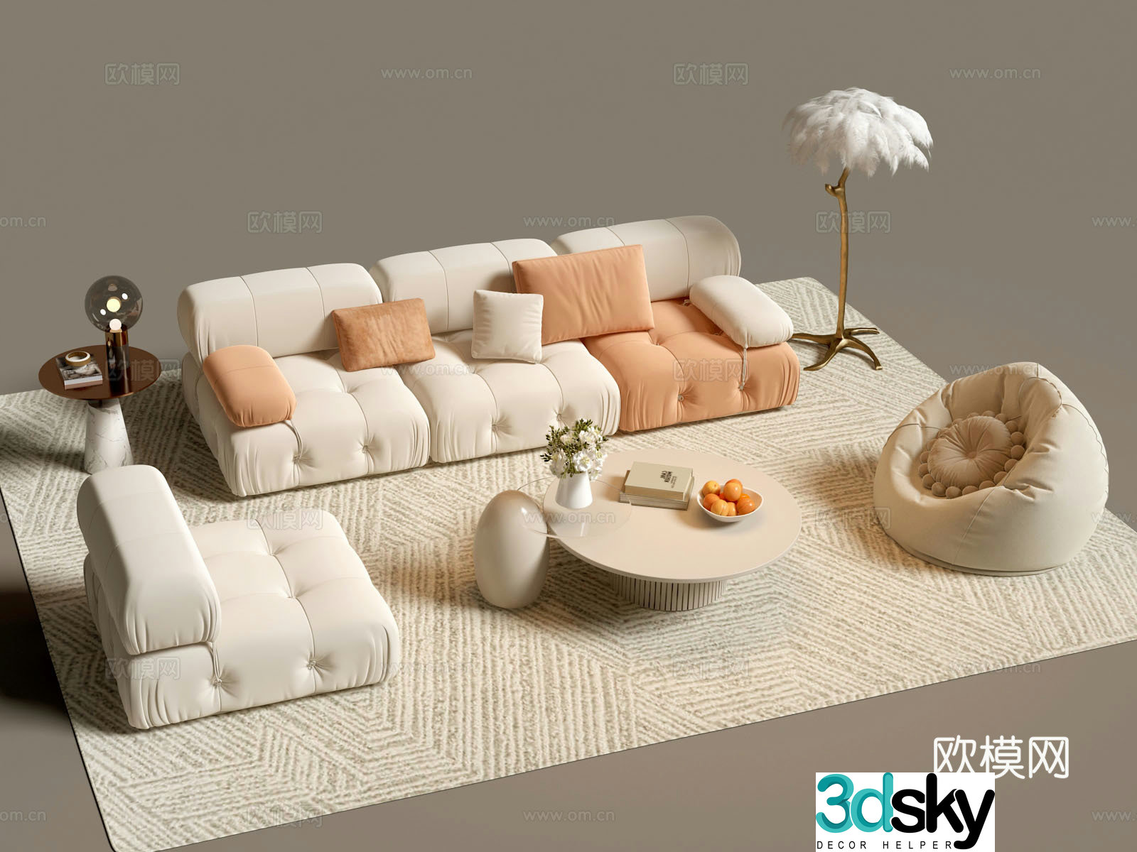 French cream sofa coffee table feather floor lamp 3d model