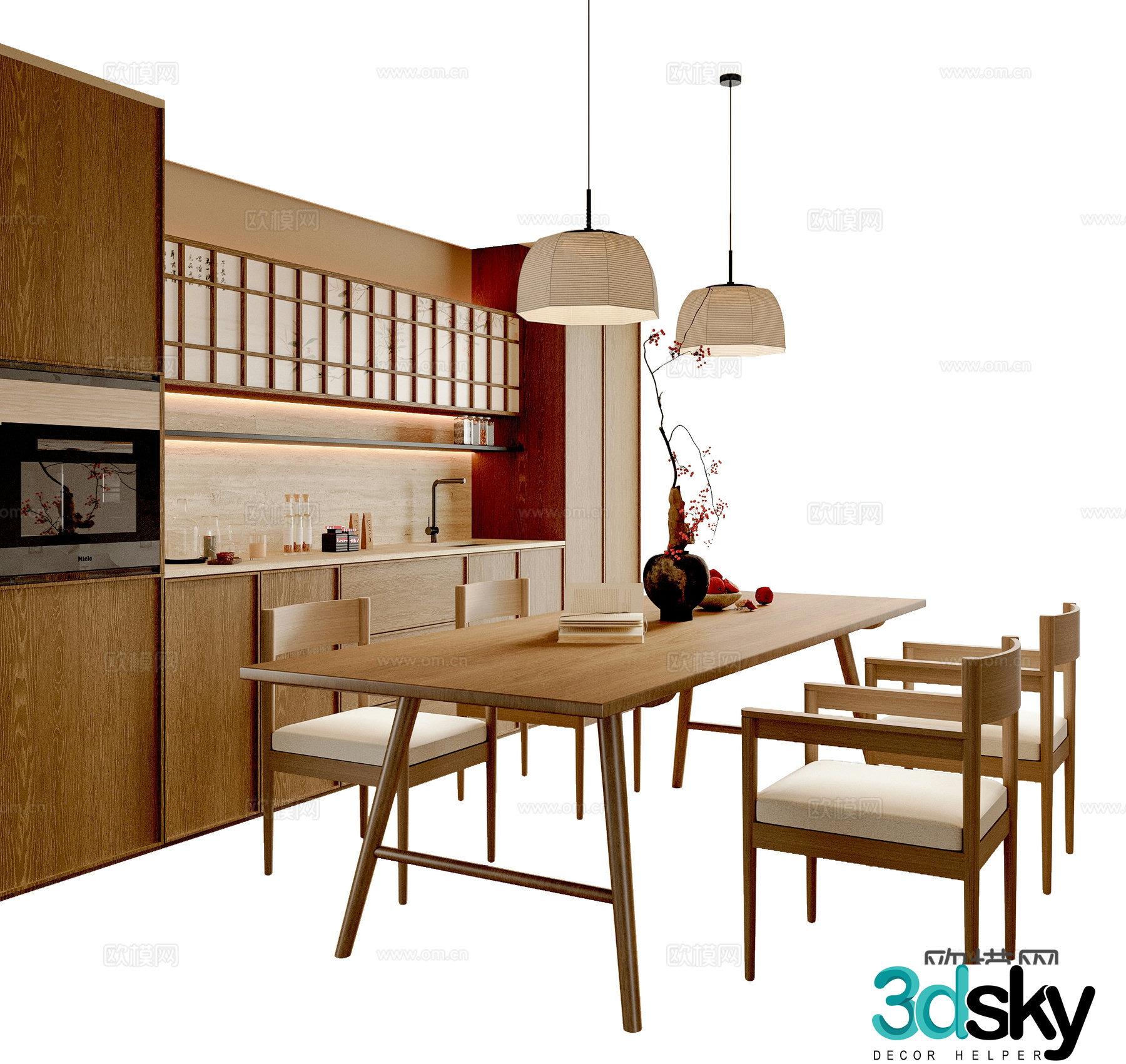 New Chinese style dining table and chair combination dining chair long table chandelier sideboard 3D model