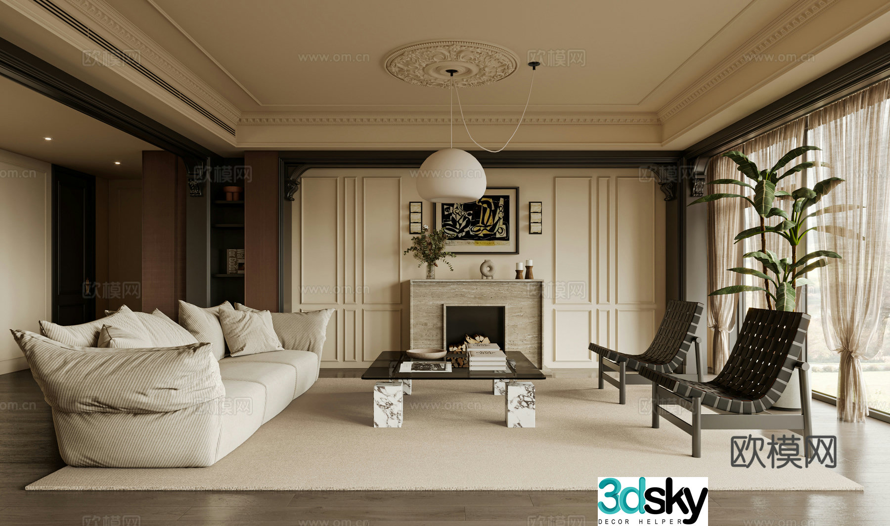 French medieval style living room sofa single chair coffee table curtain carpet bookshelves decoration 3d model