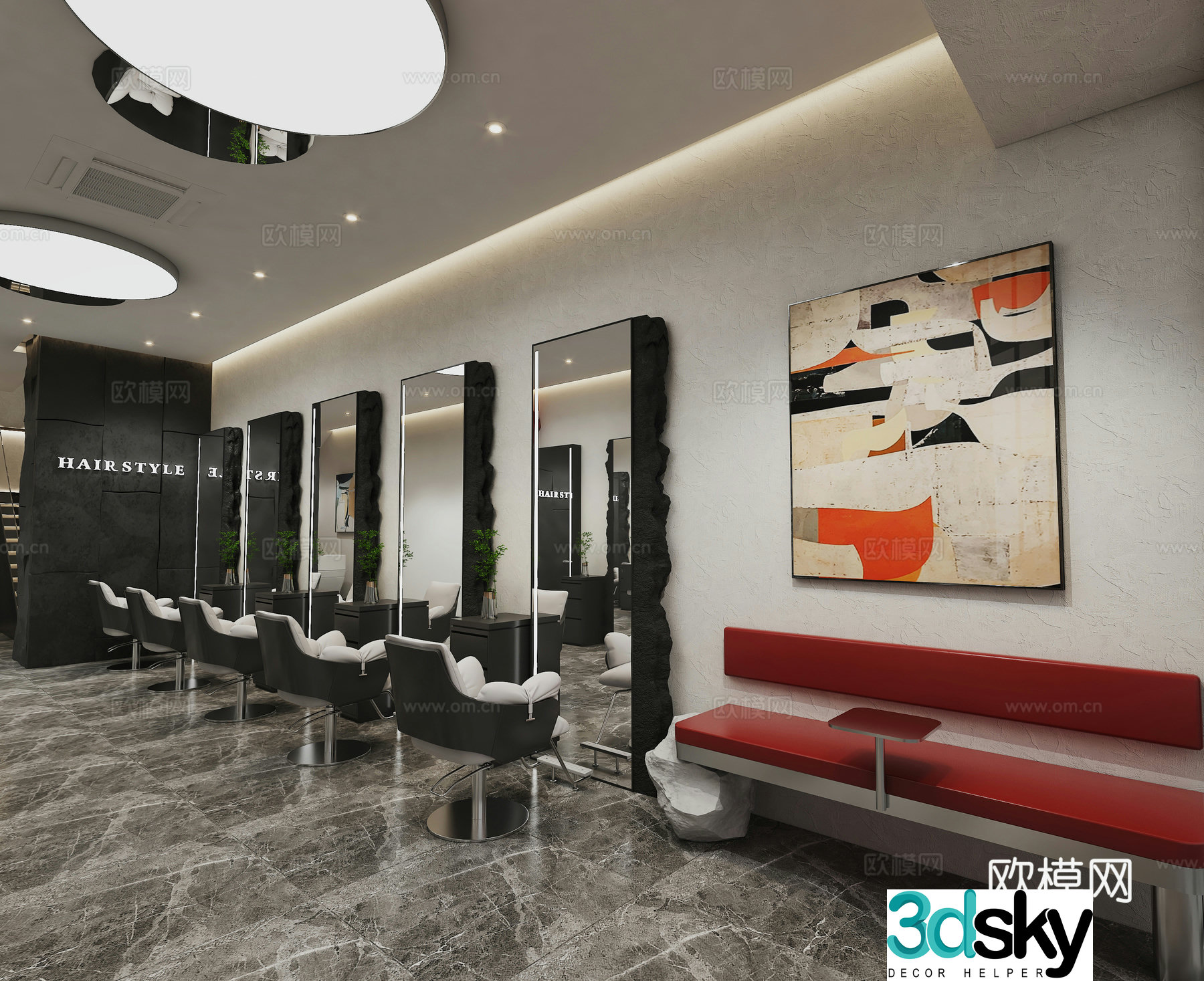 Modern hair salon internet celebrity barber shop internet celebrity mirror image wall booth leisure area 3D model