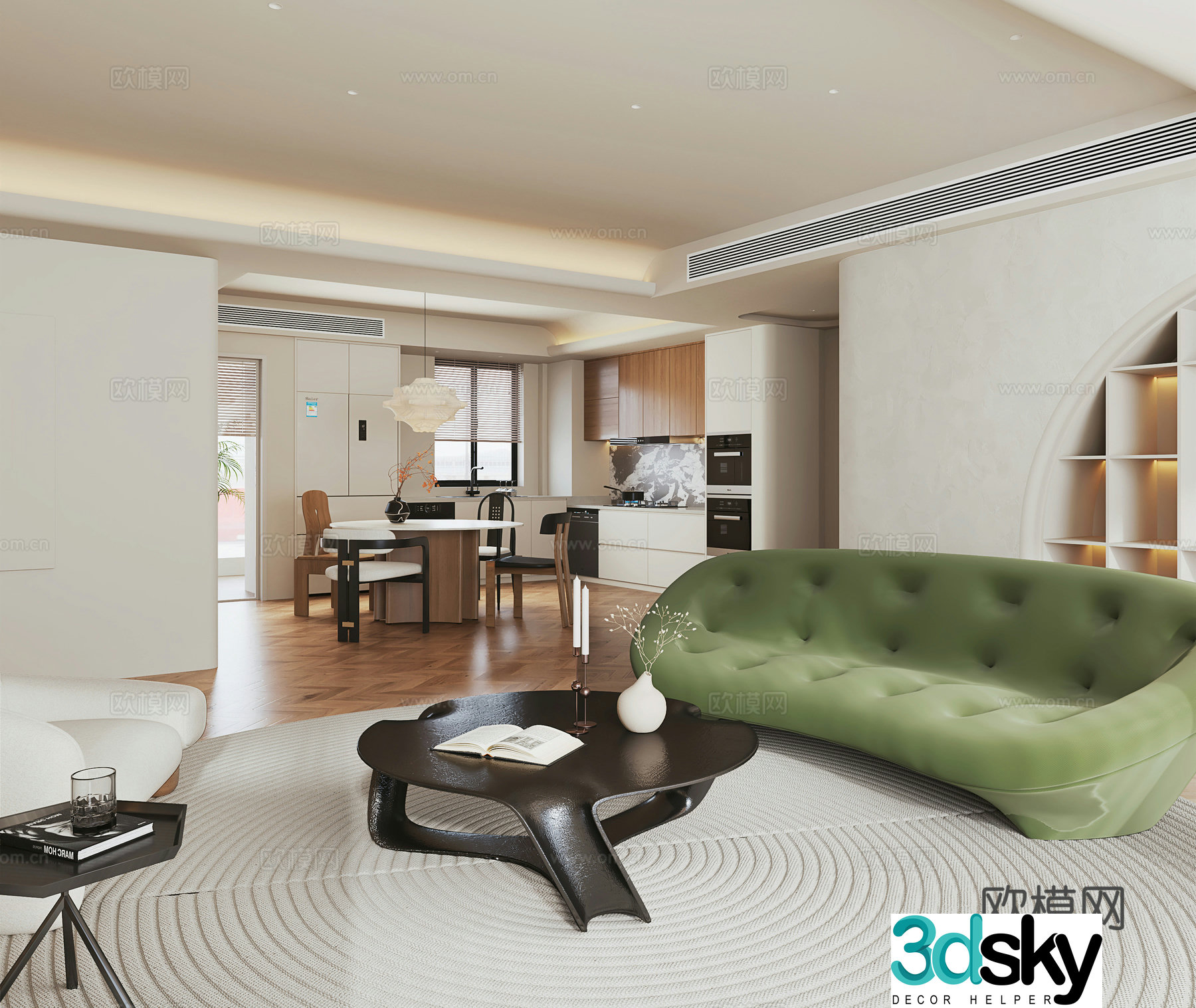 Creamy style dining room fabric sofa combination 3D model