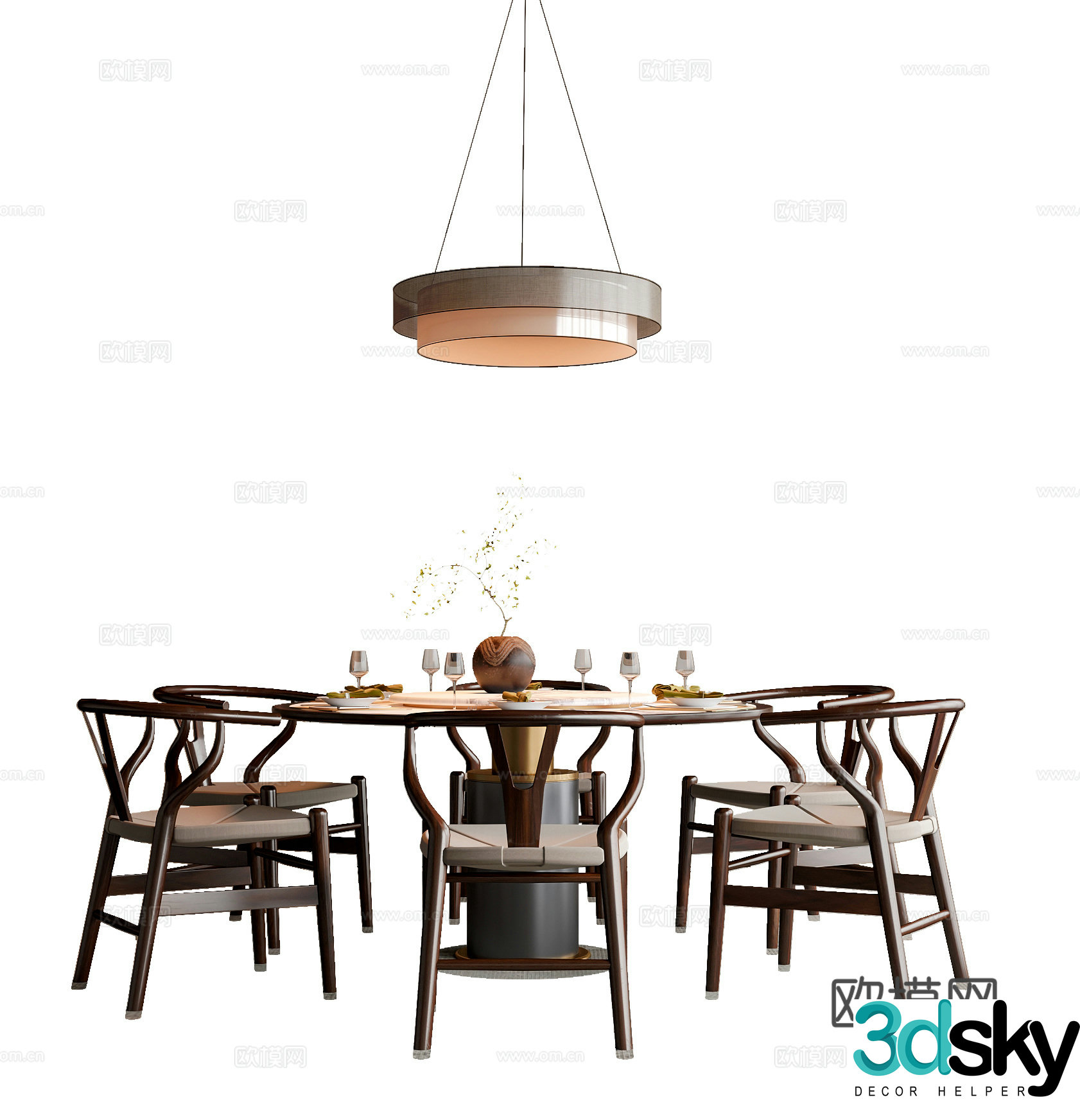 New Chinese style dining table and chair combination dining chair round table chandelier 3d model