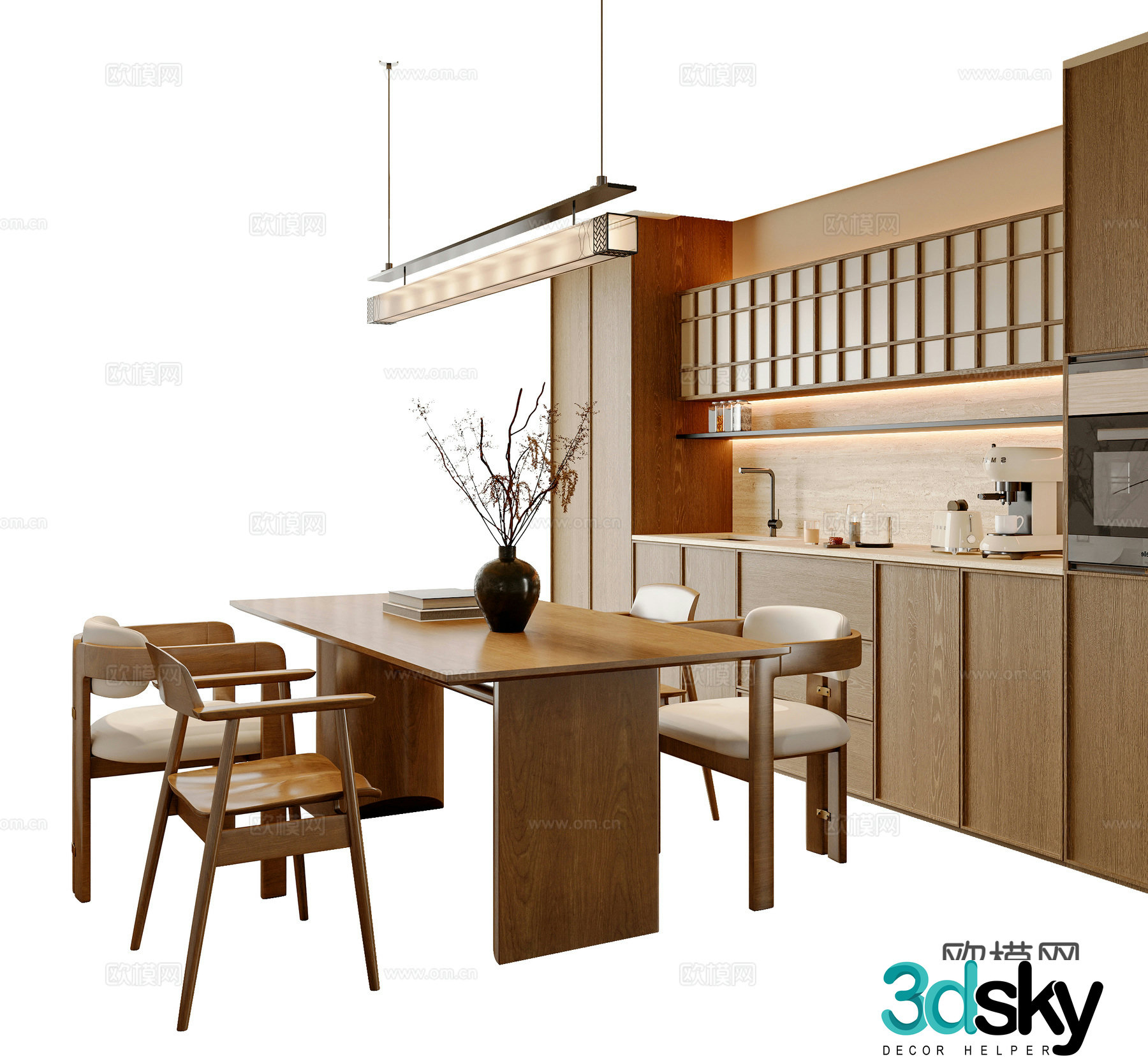 New Chinese style dining table and chair combination dining chair long table chandelier sideboard 3D model