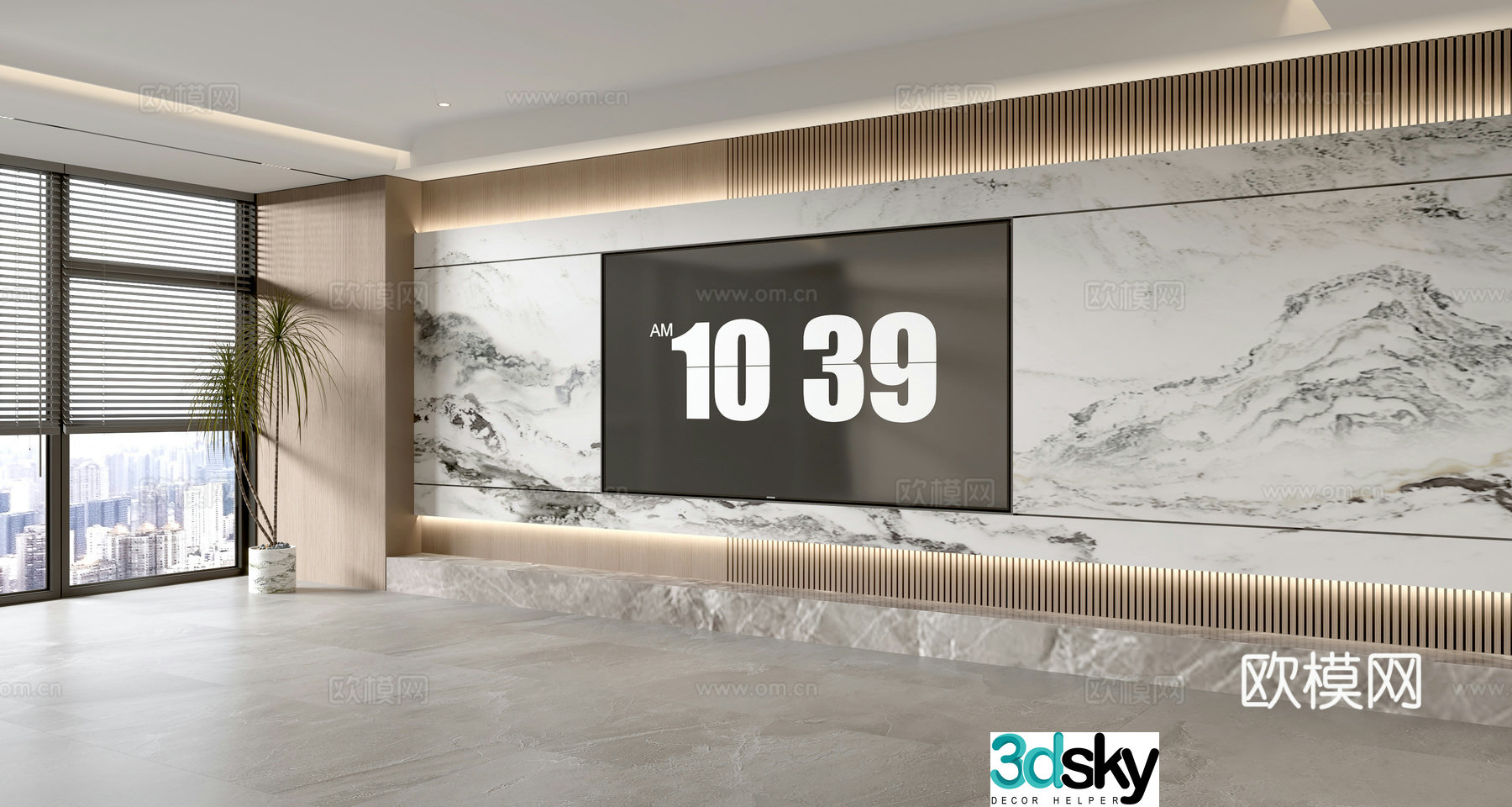 Modern Italian living room light luxury TV background wall full wall TV cabinet marble background wall 3d model