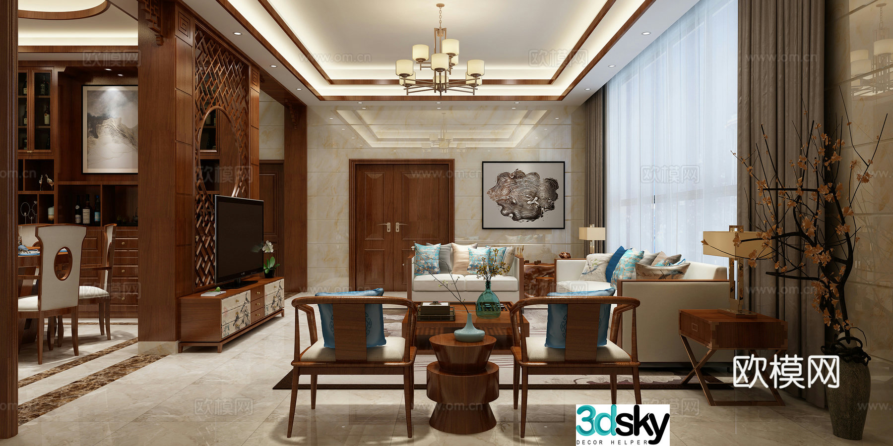 New Chinese style living room sofa TV cabinet 3D model