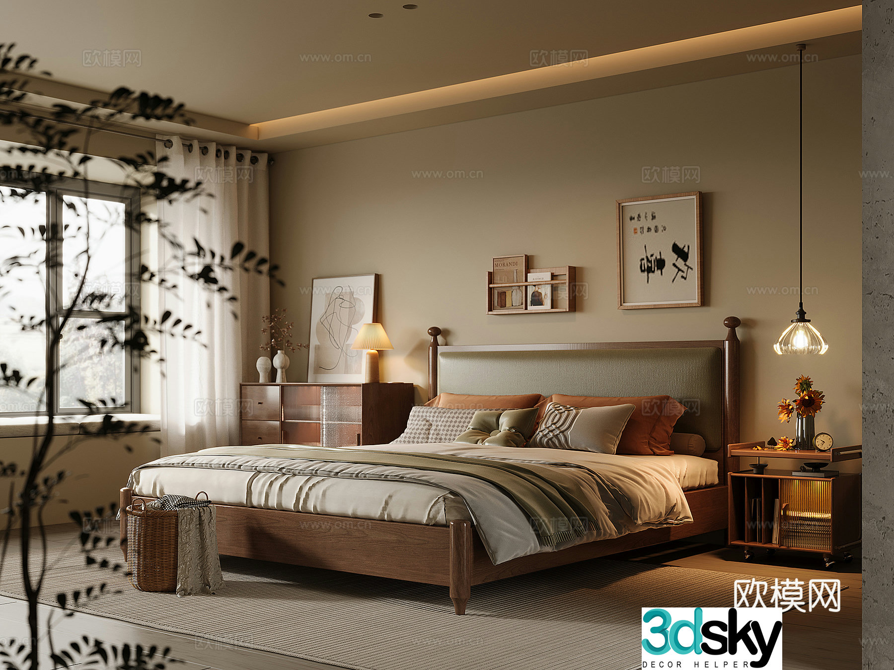 Middle-aged home bedroom solid wood double bed bedside table decorative side cabinet chandeliers 3d model