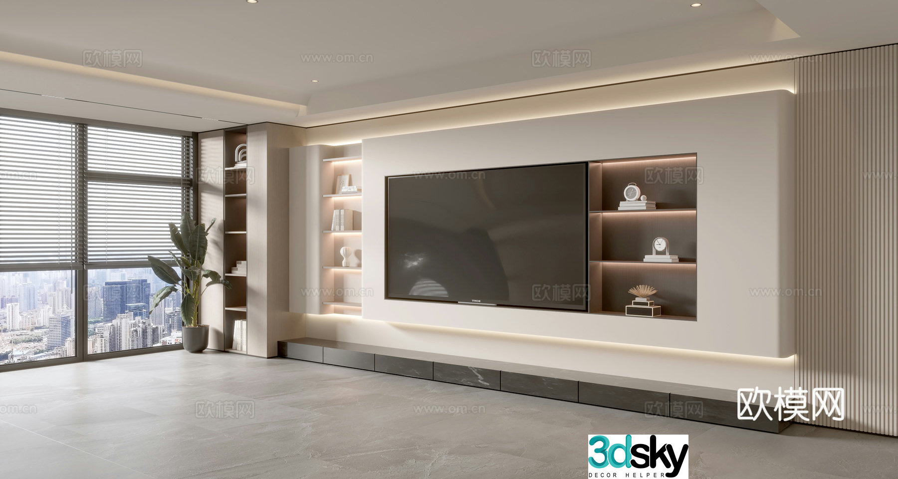 Modern creamy living room light luxury TV background wall creamy TV background wall full wall TV cabinet 3D model
