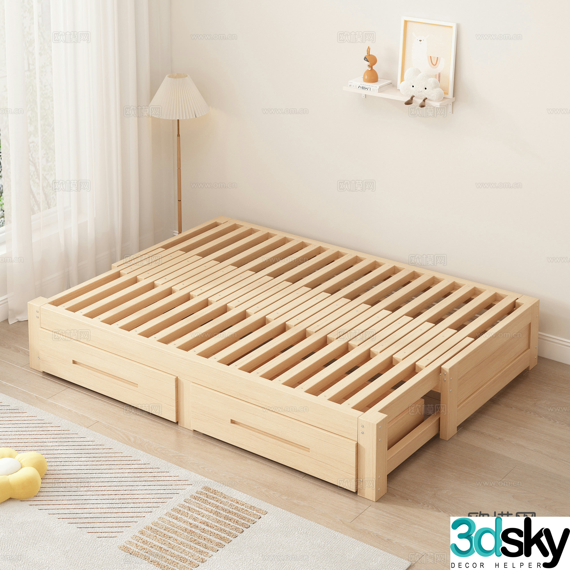 Modern solid wood push and pull bed floor lamp pillow carpet decorative 3d model