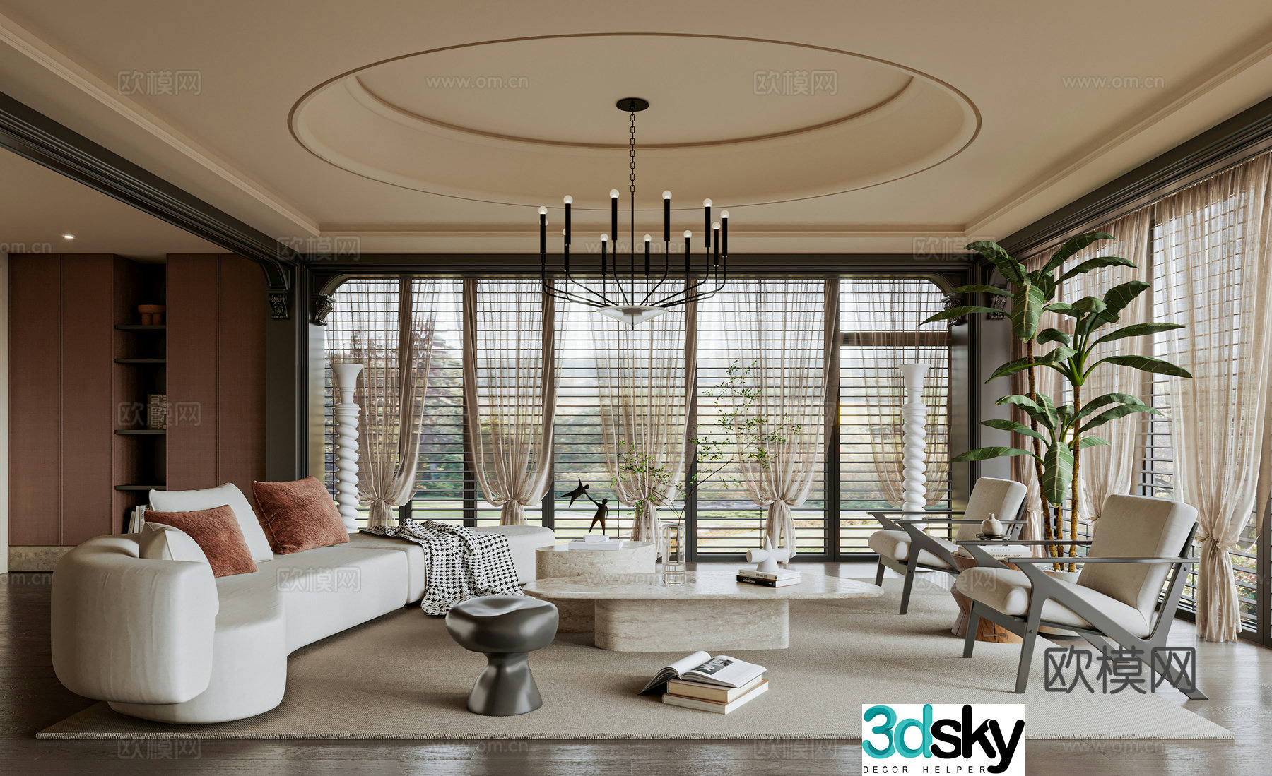French medieval style living room sofa single chair coffee table curtain carpet bookshelves decoration 3d model